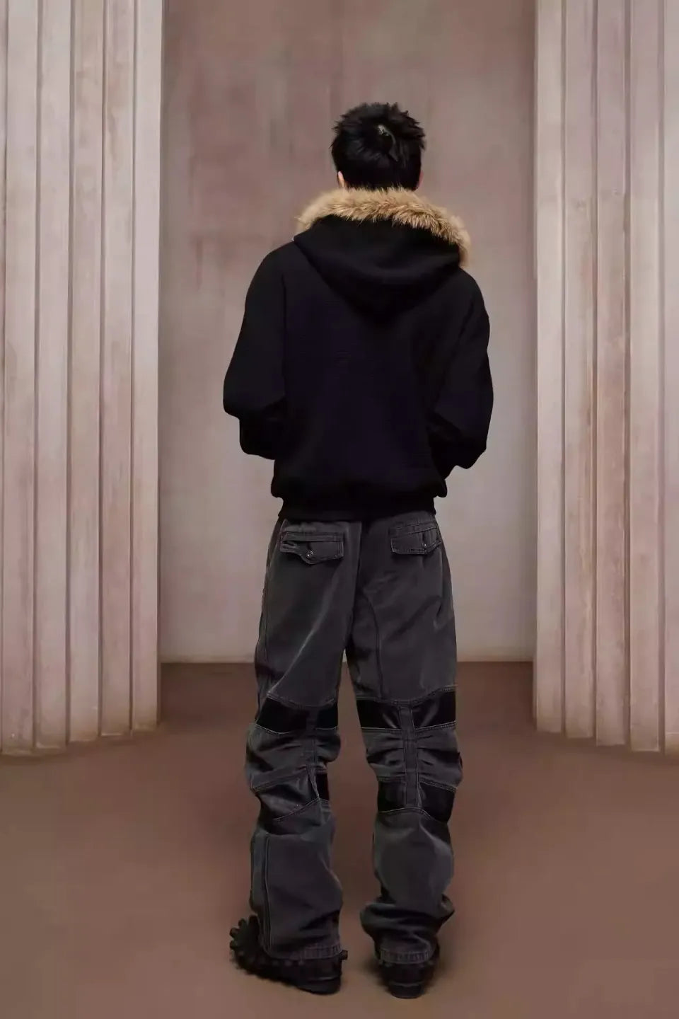 Heavy Duty Washed Patchwork Curved Multi Pocket Cargo Pants