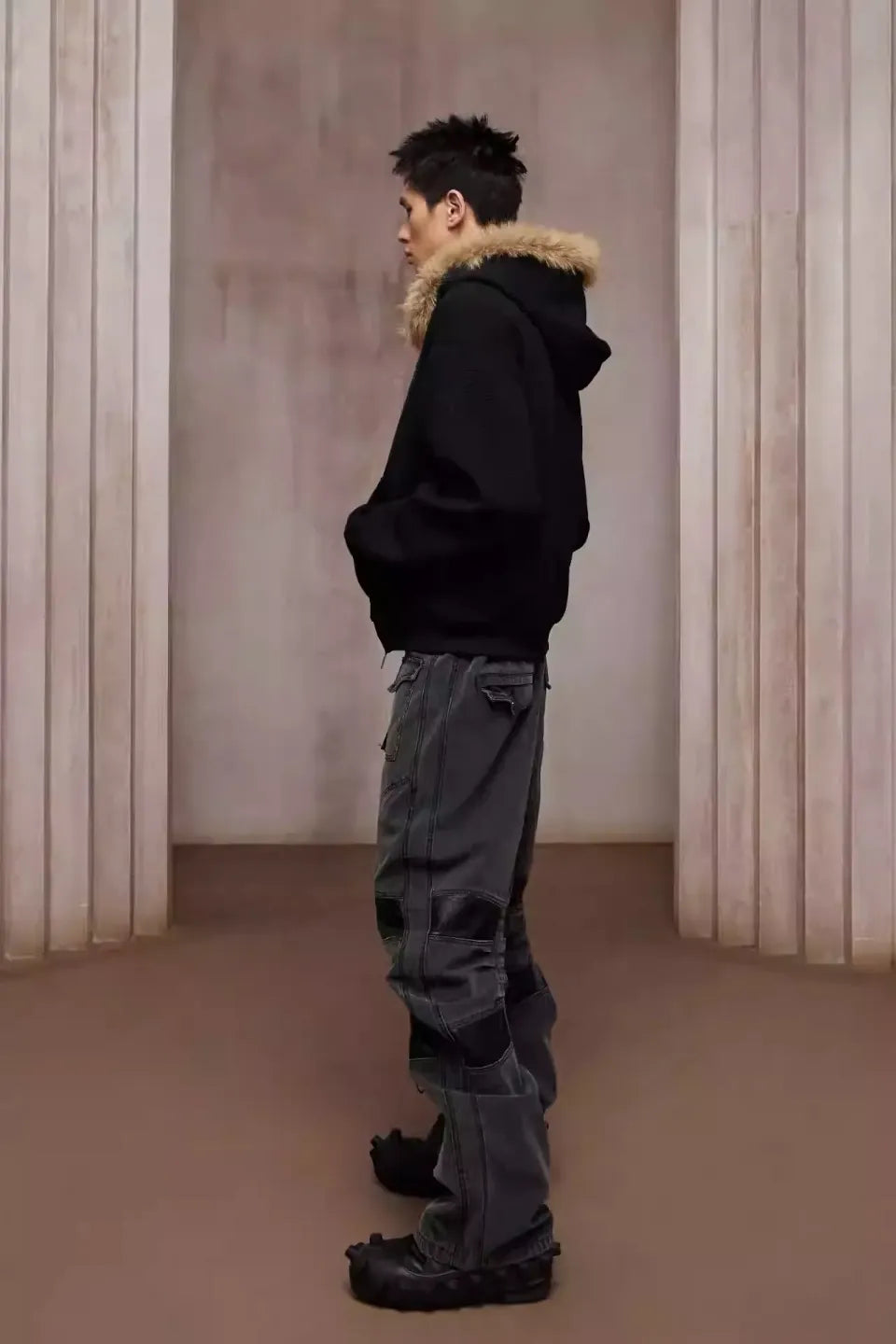 Heavy Duty Washed Patchwork Curved Multi Pocket Cargo Pants