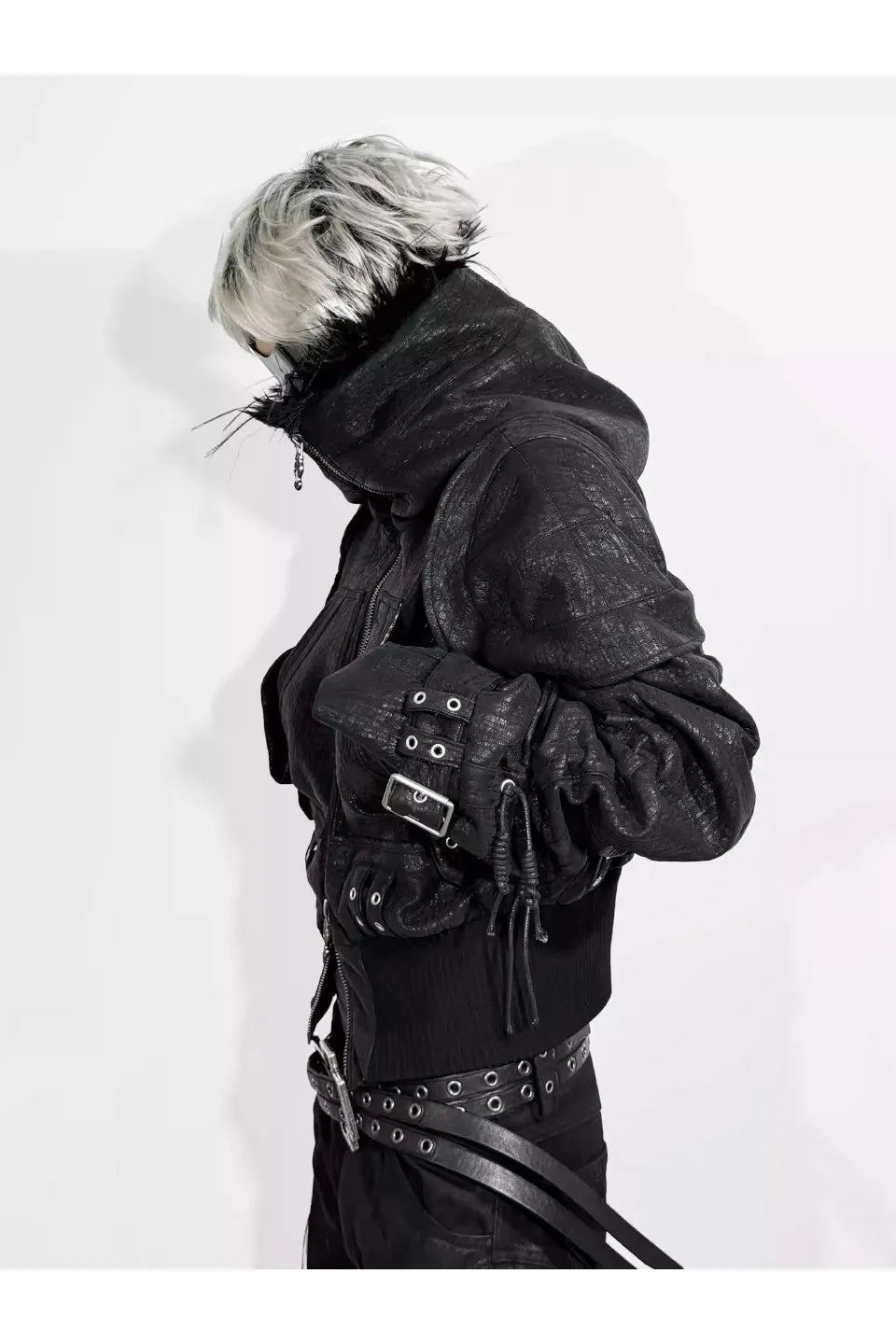 Heavy Texture Hooded Fur Collar Shirred Leather Jacket