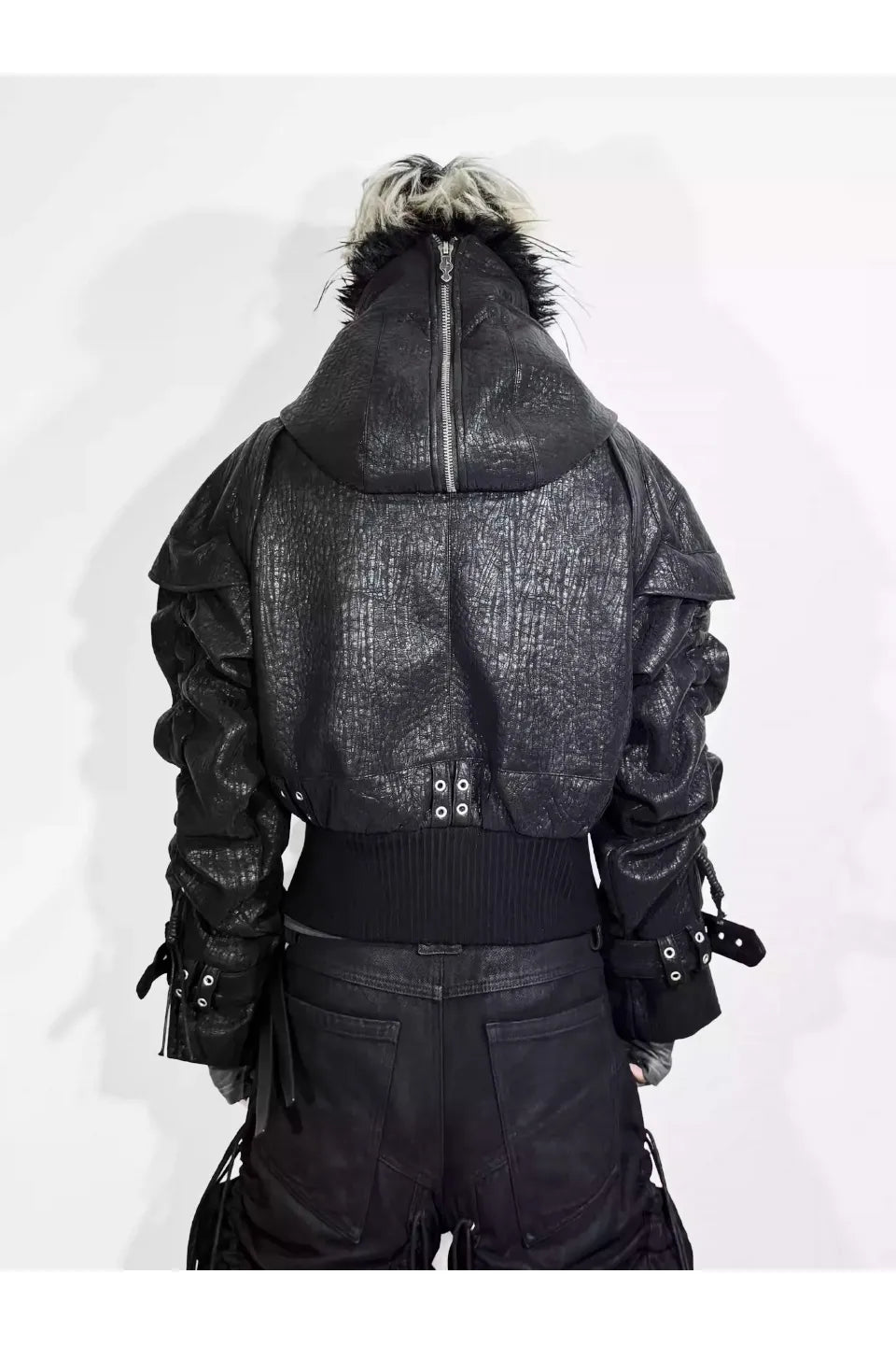 Heavy Texture Hooded Fur Collar Shirred Leather Jacket