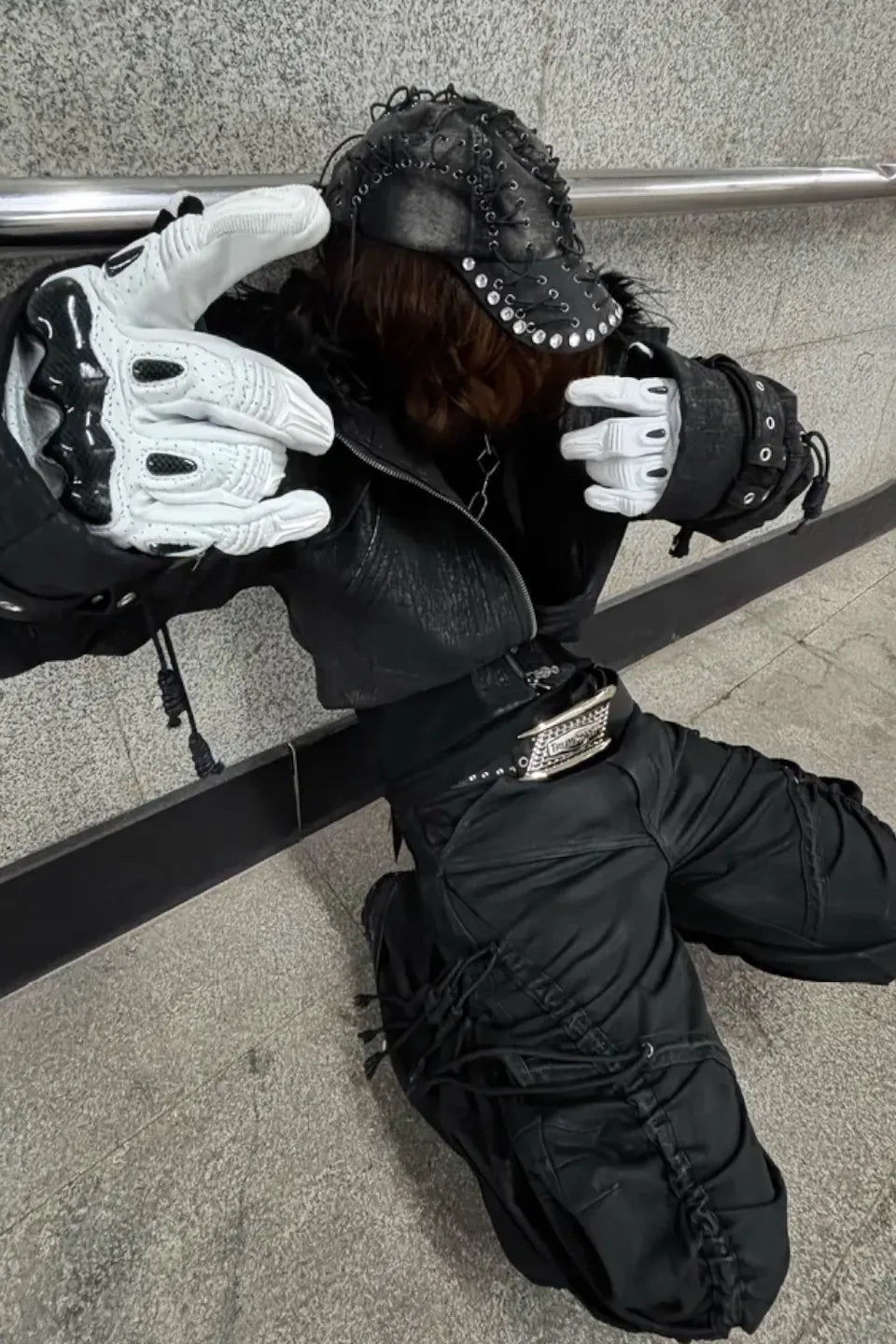 Heavy Texture Hooded Fur Collar Shirred Leather Jacket