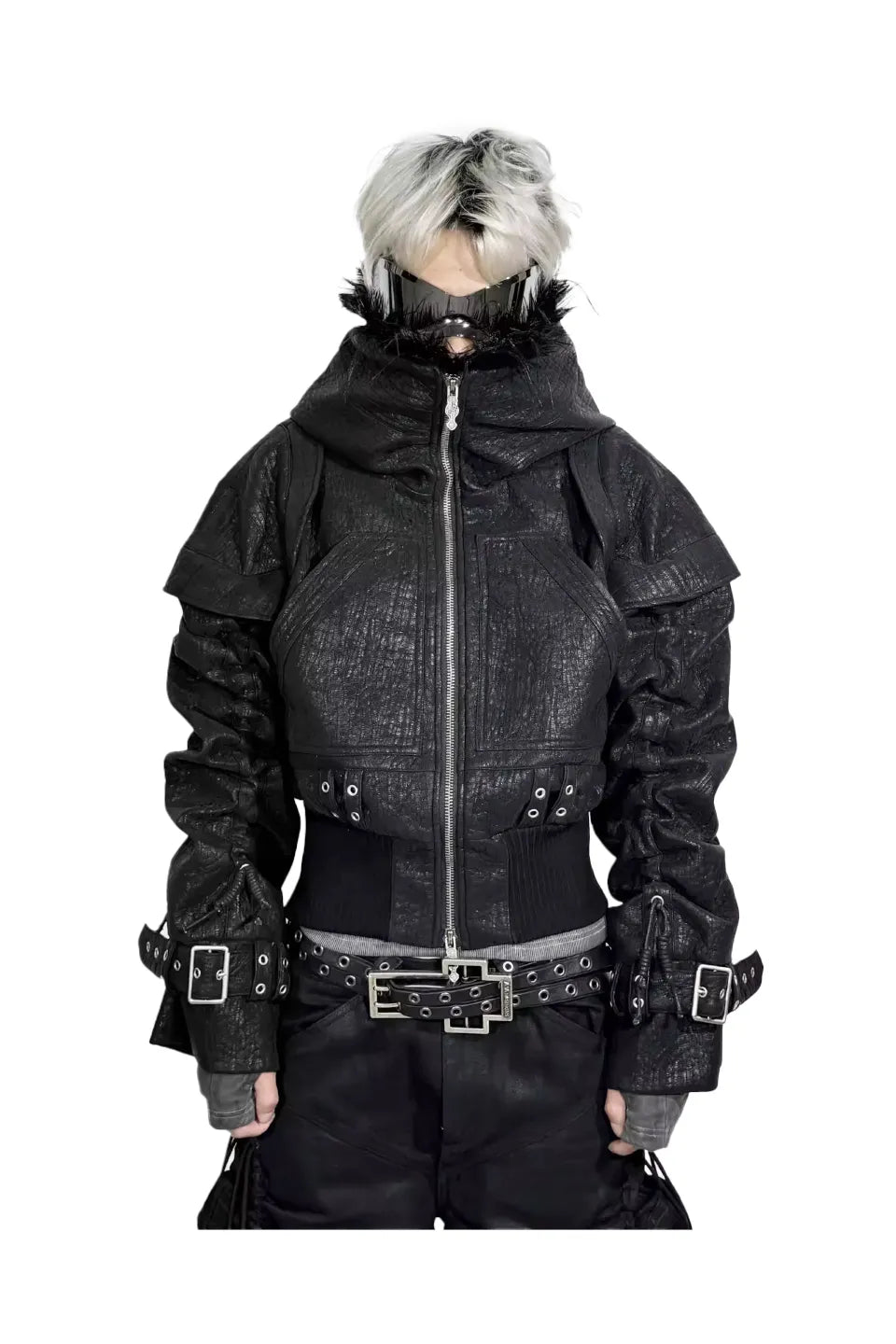 Heavy Texture Hooded Fur Collar Shirred Leather Jacket