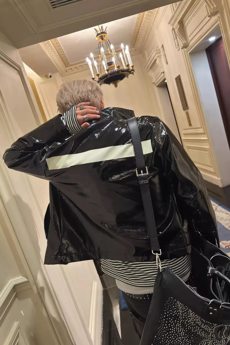 High Neck Patent Leather Cropped Slim Jacket