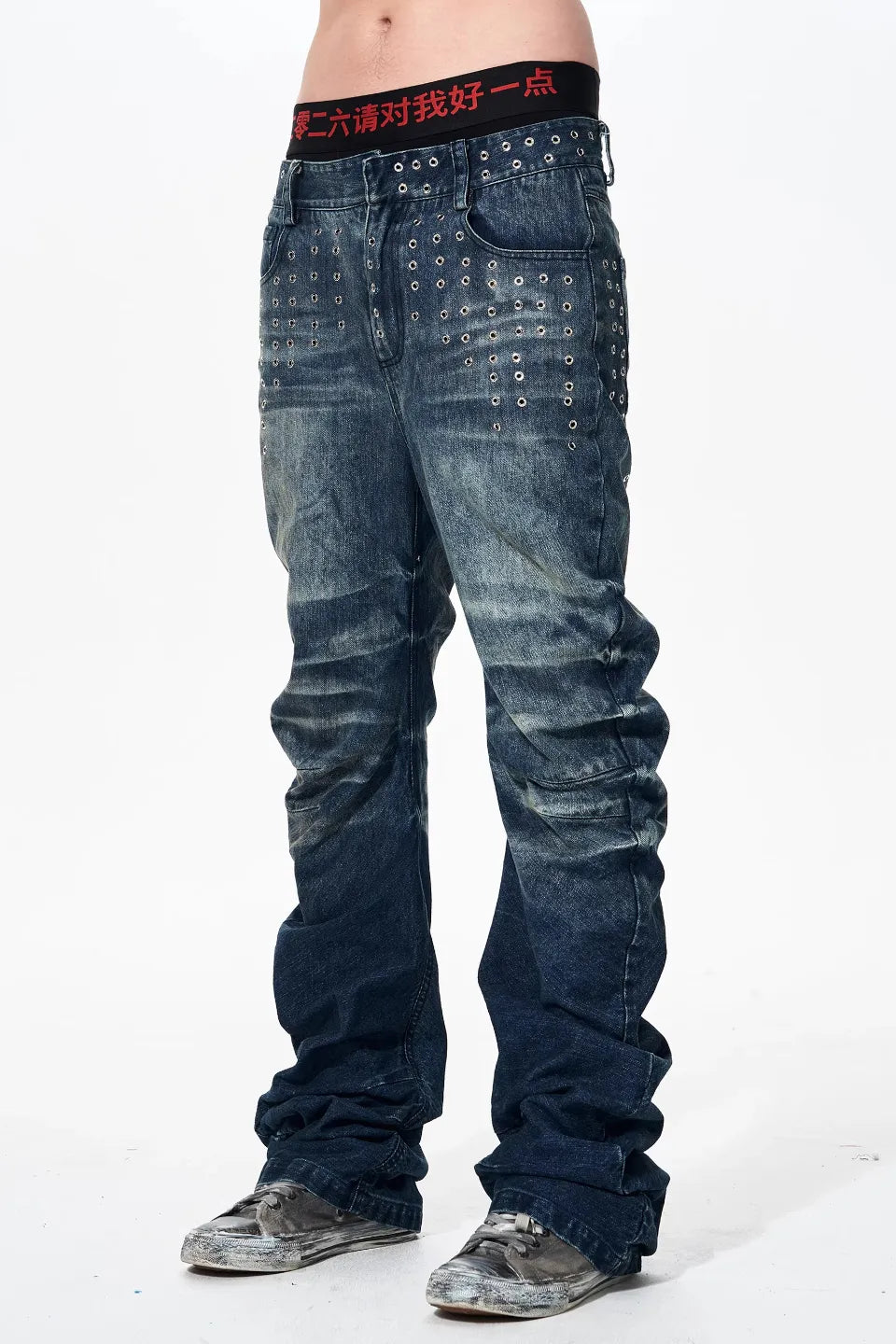FOURTH3EX | Ice Blue Acid Wash Studded Jeans