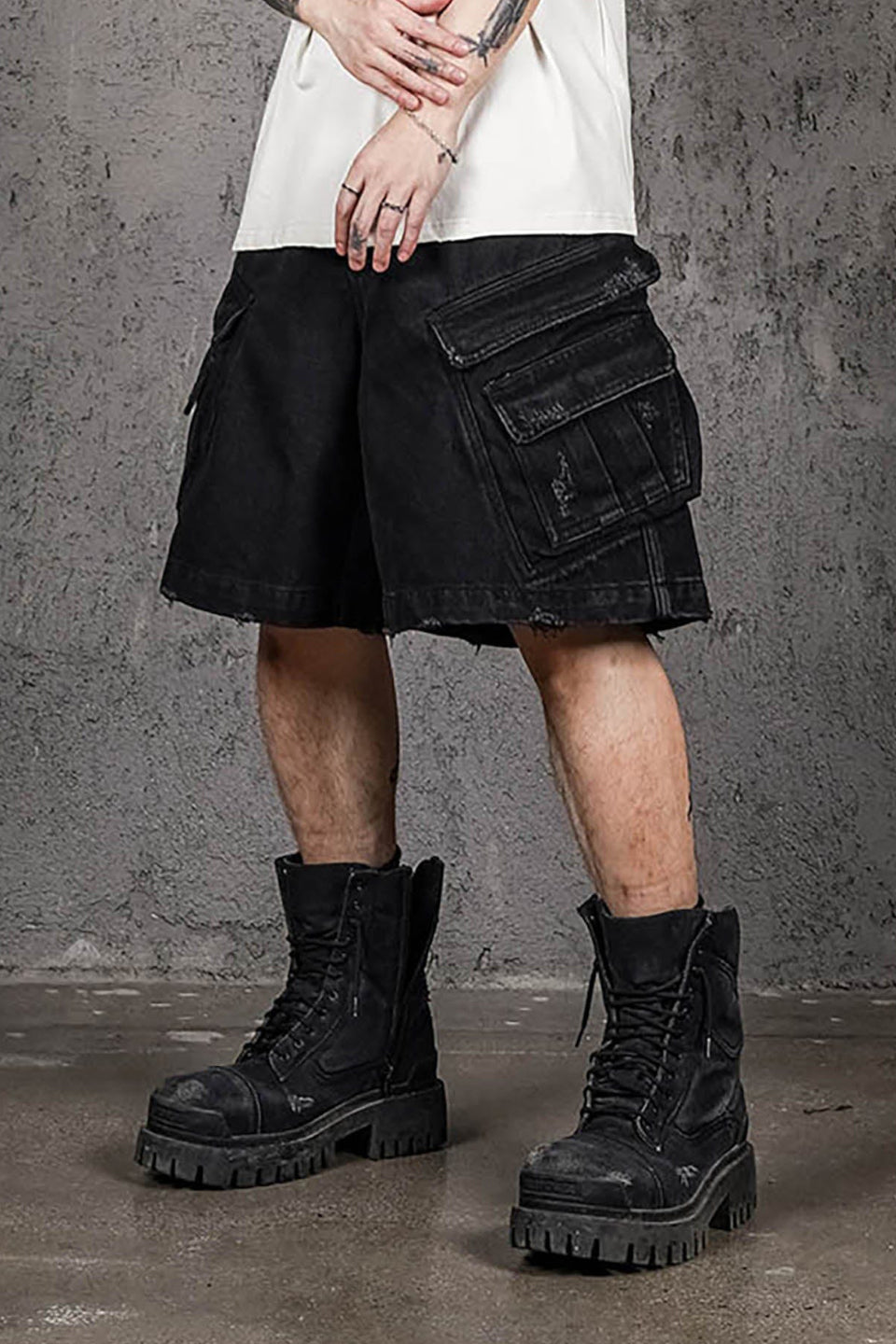 Layered Pocket Distressed Denim Shorts