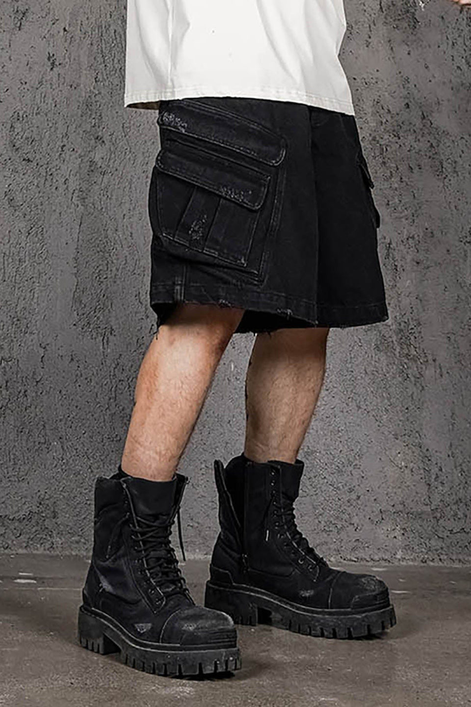 Layered Pocket Distressed Denim Shorts