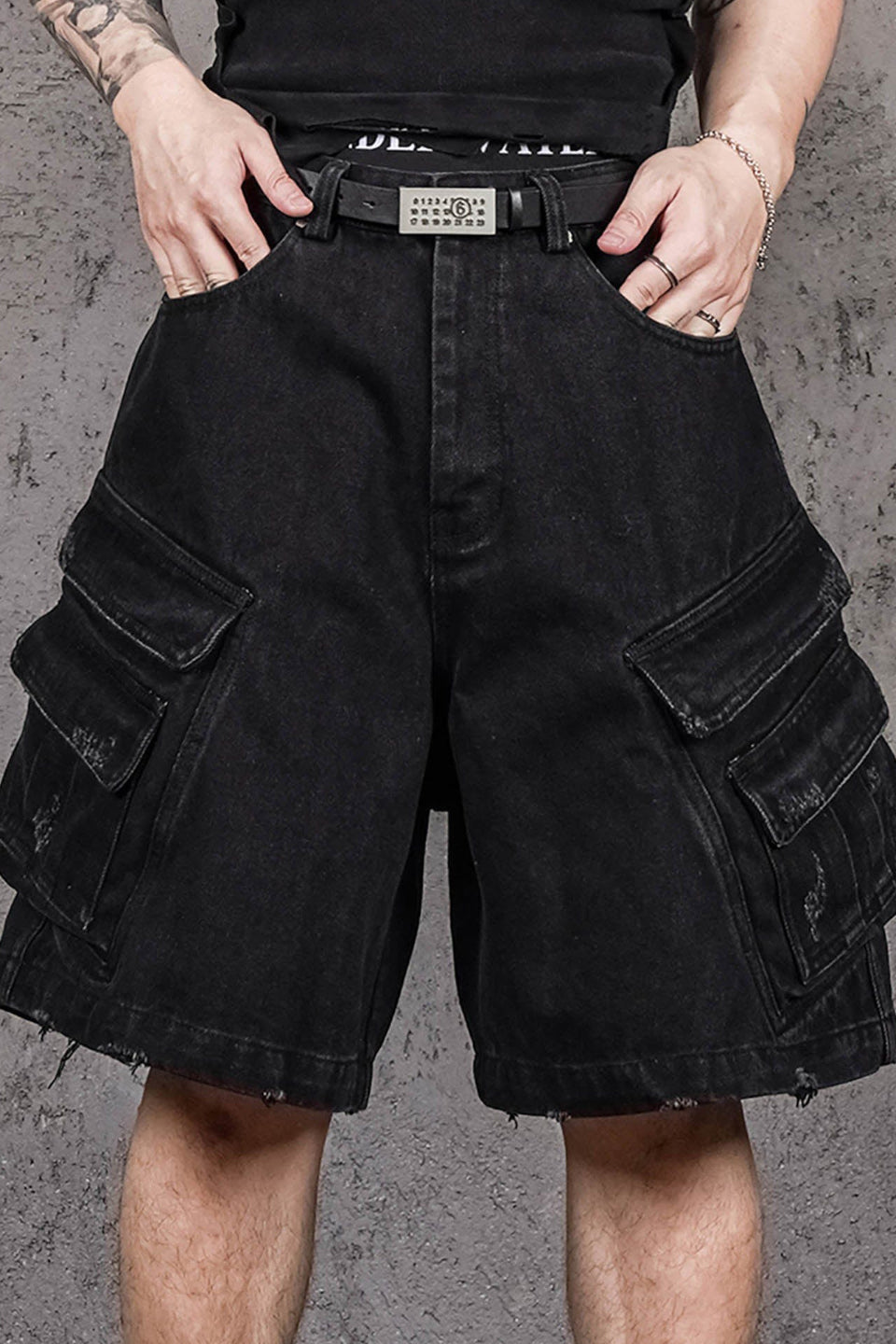 Layered Pocket Distressed Denim Shorts