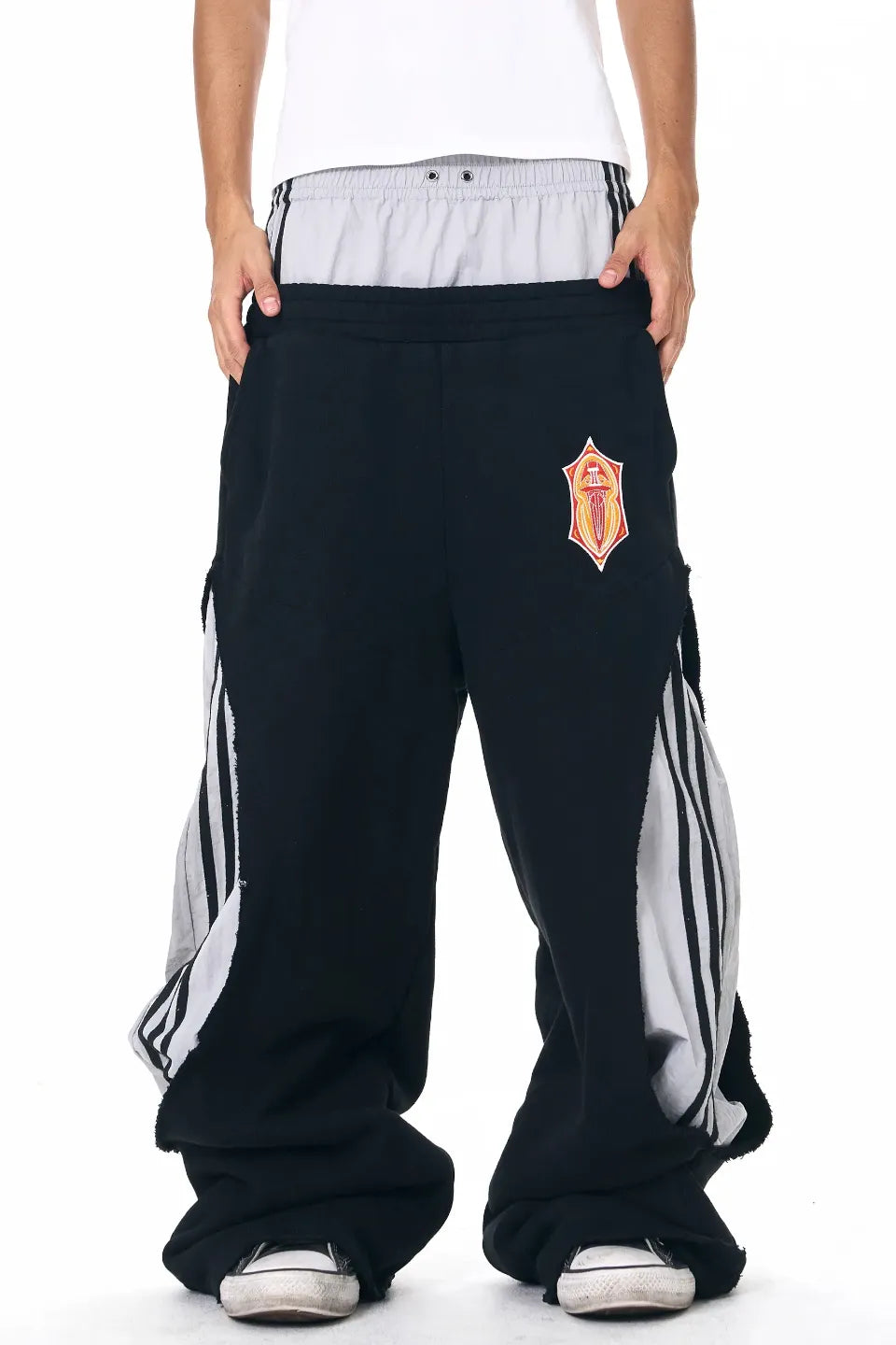 Layered Waist Striped Wide Sweat Pants
