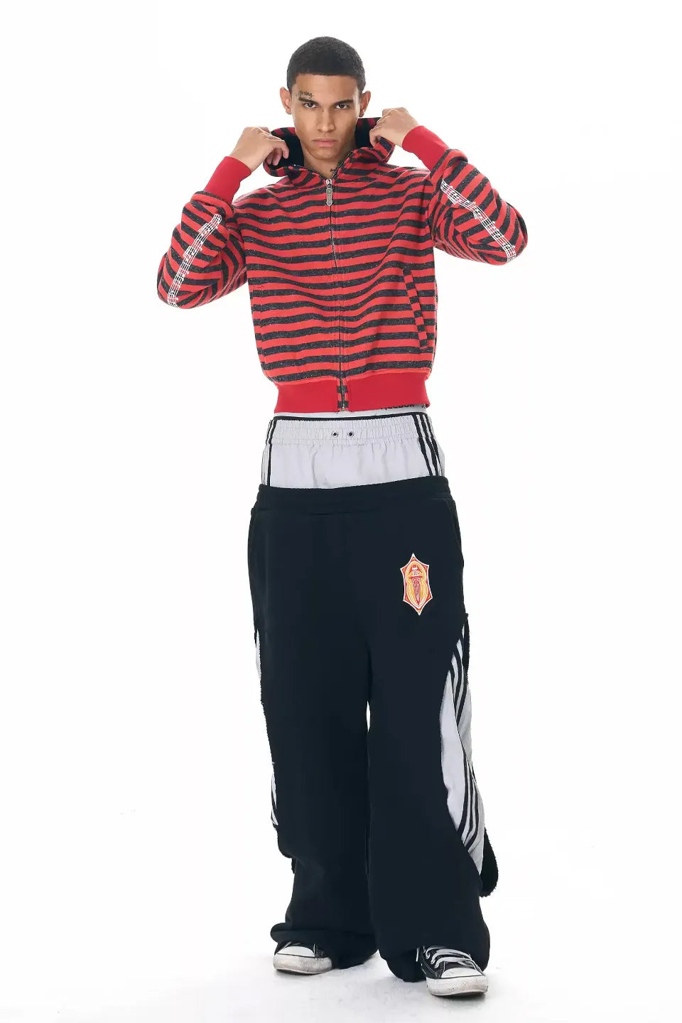 Layered Waist Striped Wide Sweat Pants