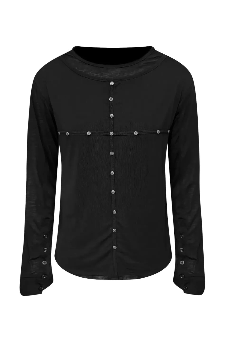 TH4SWE Layered Riveted Cross LS Tee - 銀色のリベットでクロスがデザインされたブラックのレイヤードロンT正面