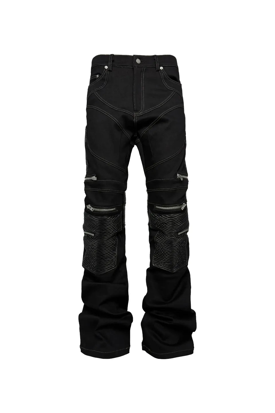 PCCVISION Leather Paneled Zipper Pants - レザーの蛇腹パネルと多数のジッパーが特徴のブラックバイカーパンツ正面