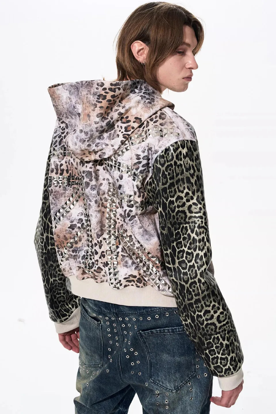 Leopard Panel Punk Studded Hoodie