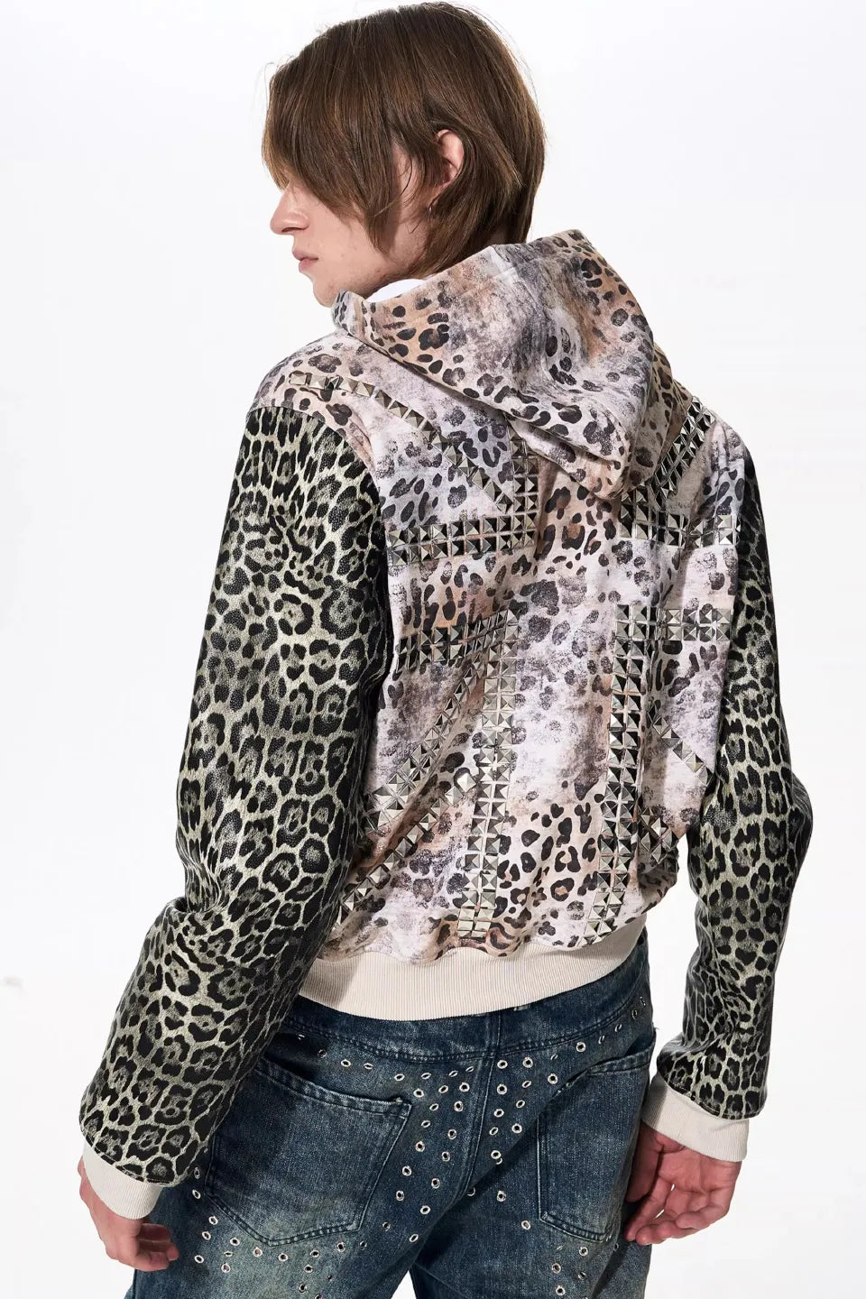 Leopard Panel Punk Studded Hoodie