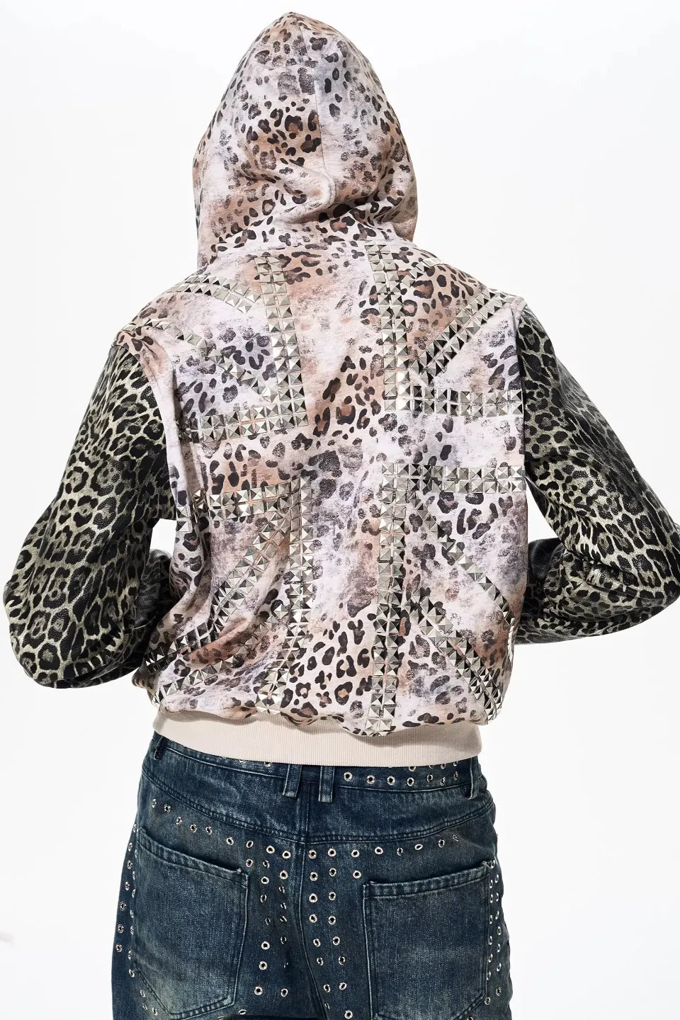 Leopard Panel Punk Studded Hoodie