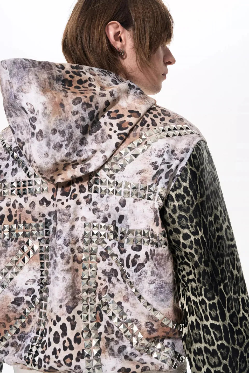 Leopard Panel Punk Studded Hoodie