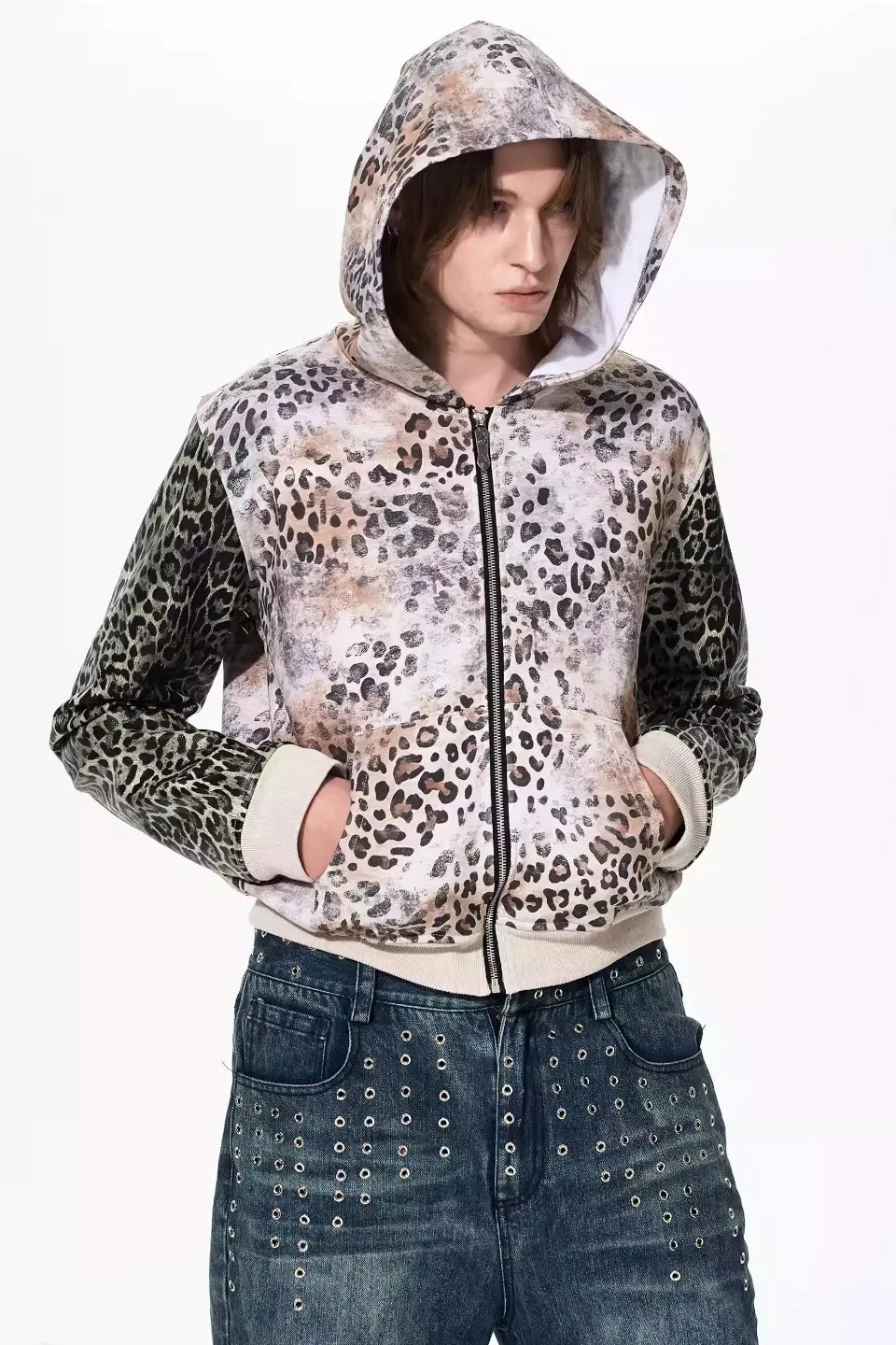 Leopard Panel Punk Studded Hoodie