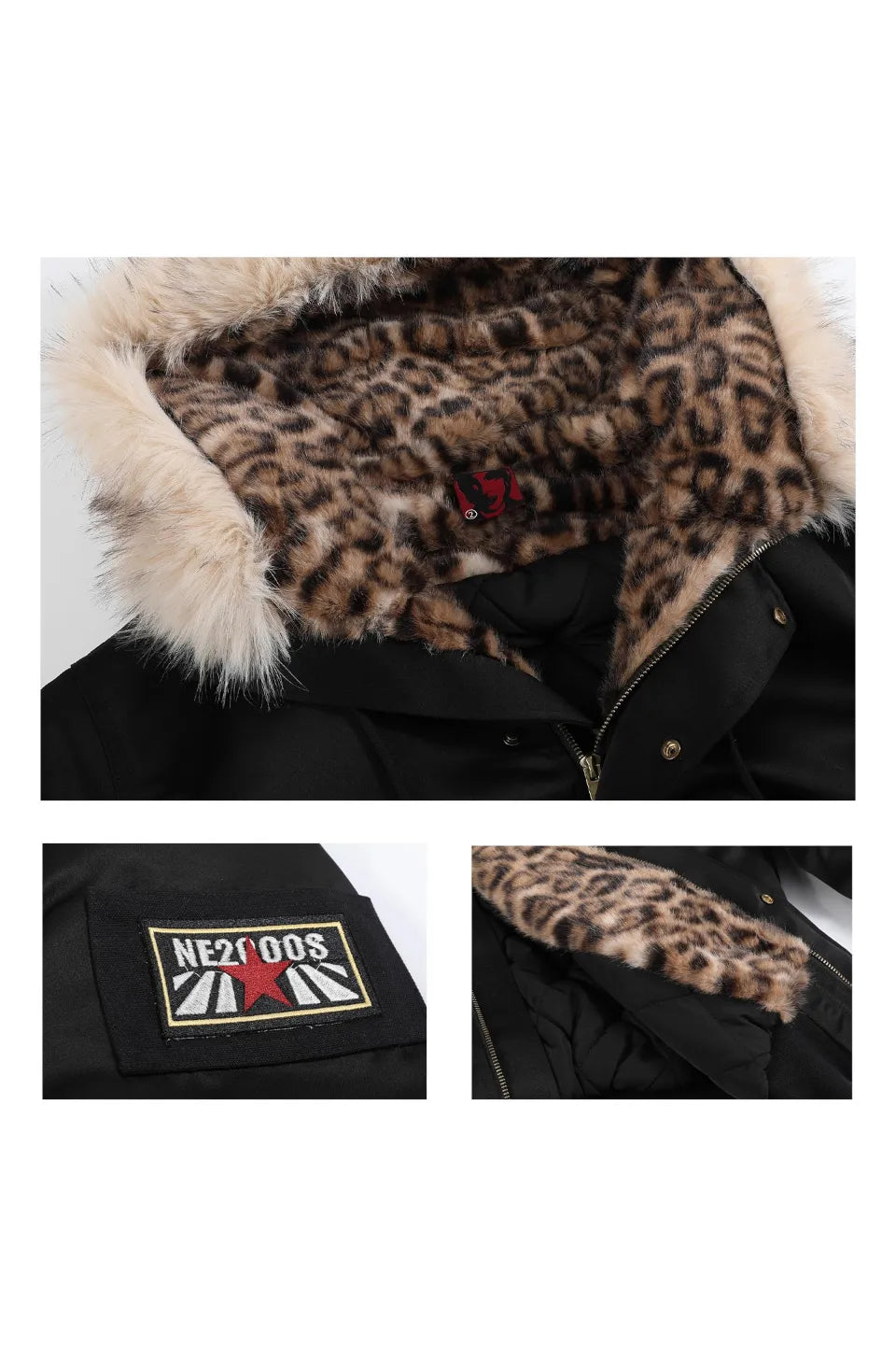 Leopard Print Hooded Fur Collar Military Badge Armband