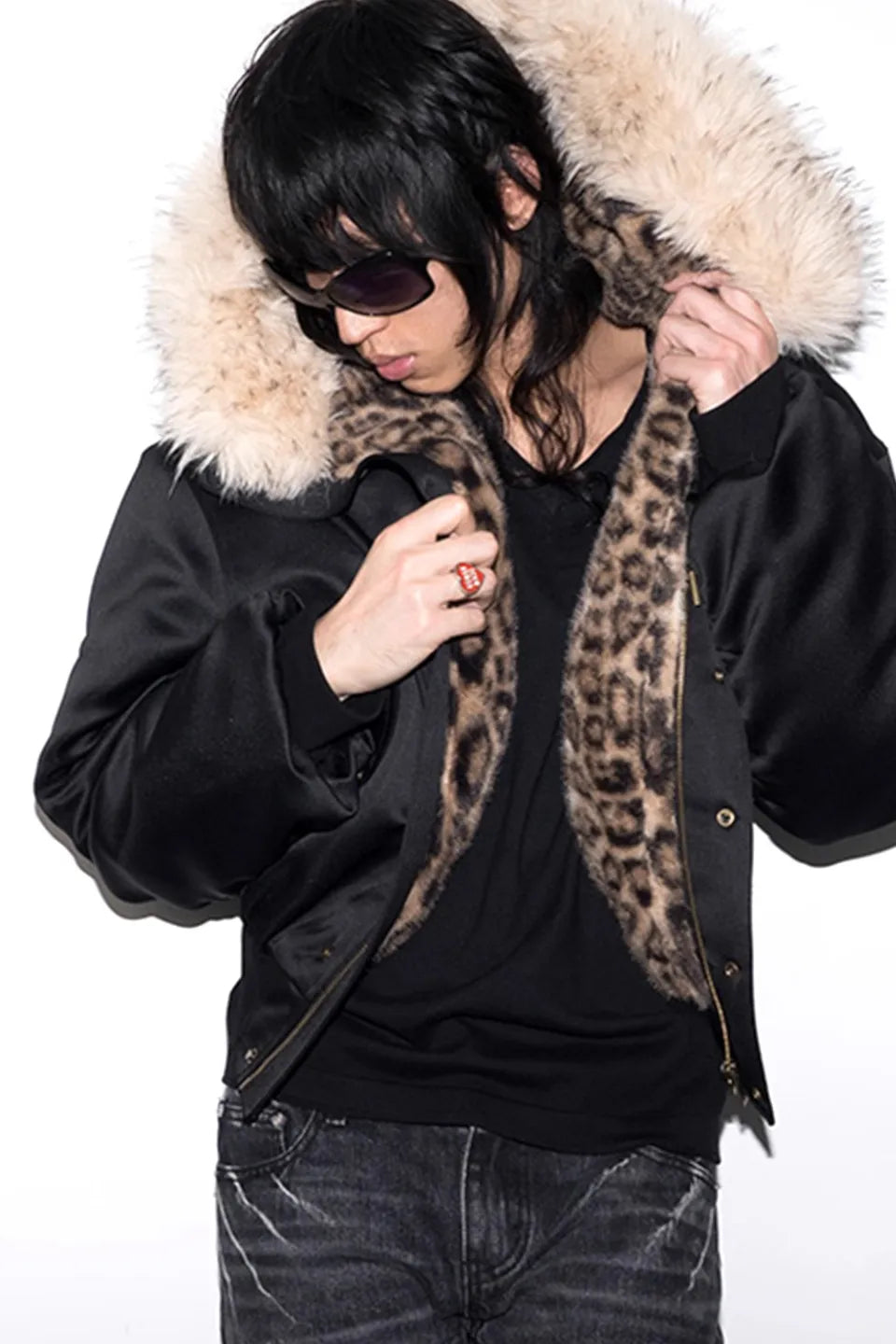 Leopard Print Hooded Fur Collar Military Badge Armband