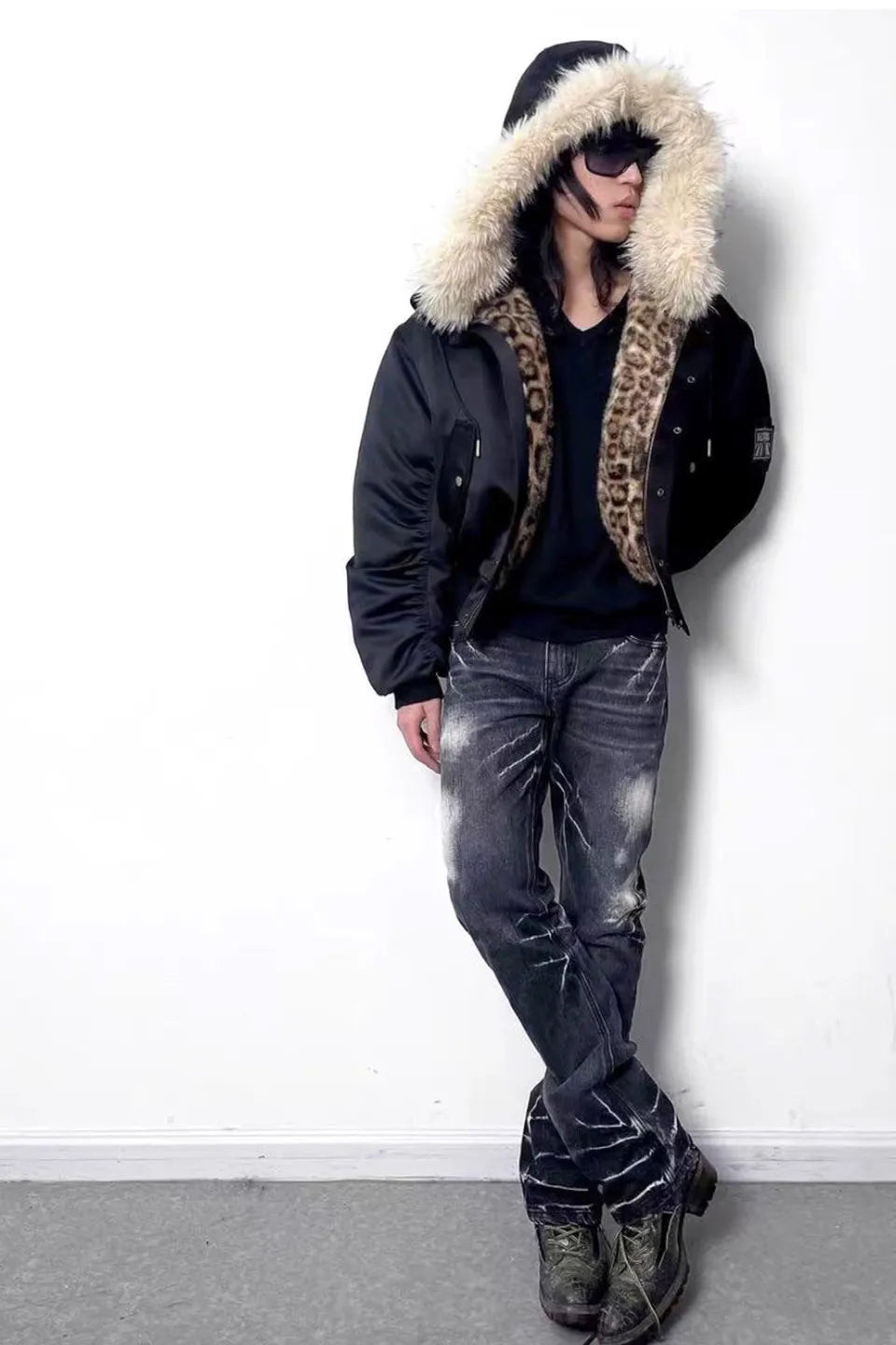 Leopard Print Hooded Fur Collar Military Badge Armband