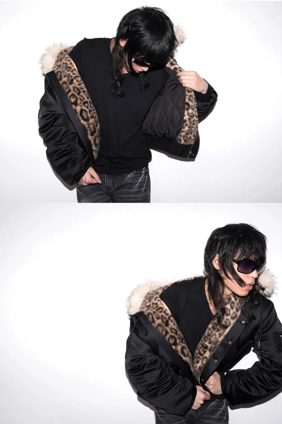 Leopard Print Hooded Fur Collar Military Badge Armband