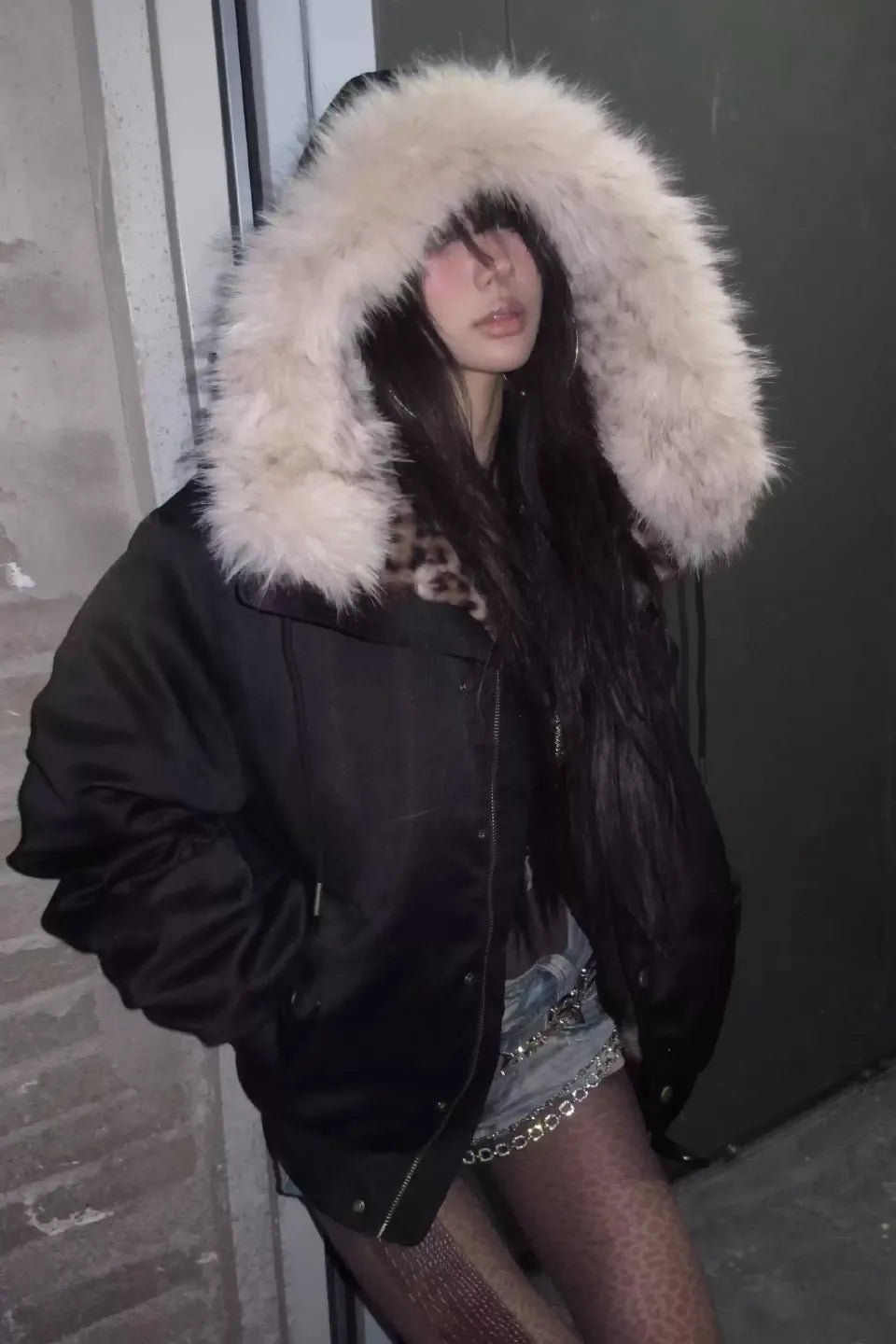 Leopard Print Hooded Fur Collar Military Badge Armband