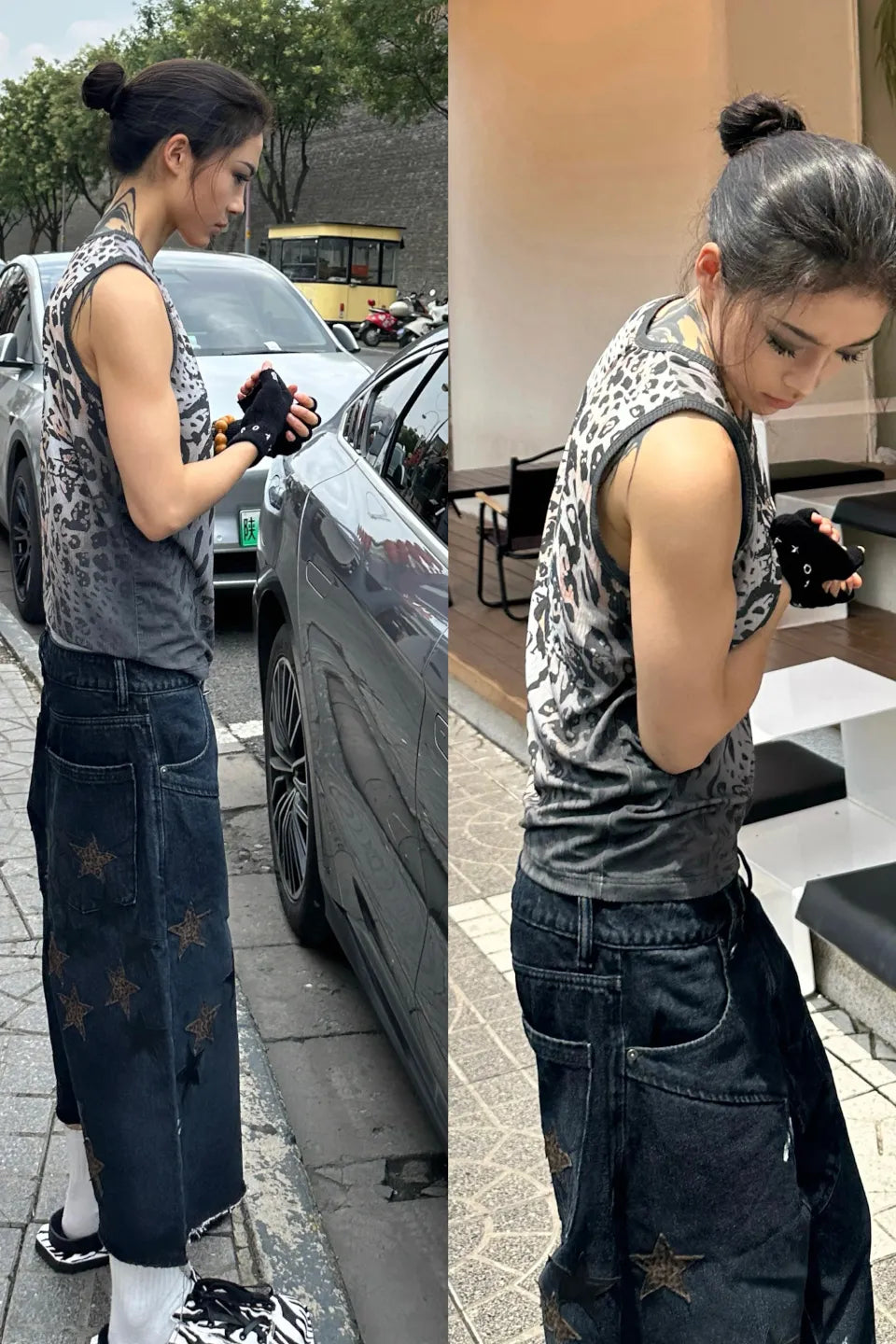 Leopard Star Patch Cropped Work Pants