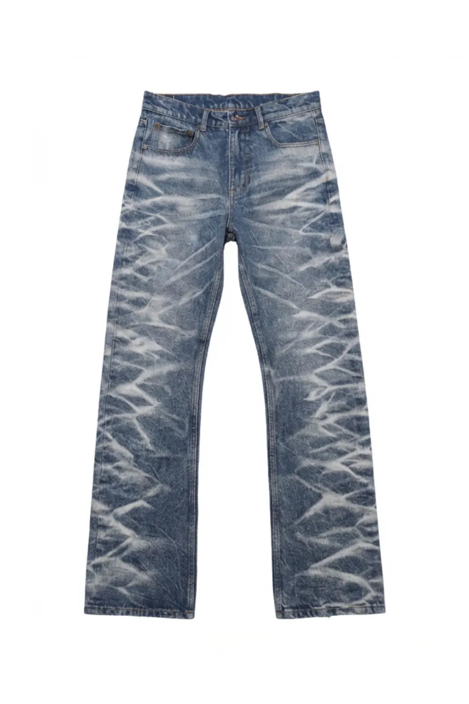 GROUPMAREK Lightning Pattern Faded Denim - 稲妻のような白いウォッシュ模様が特徴のフェードブルーデニム正面