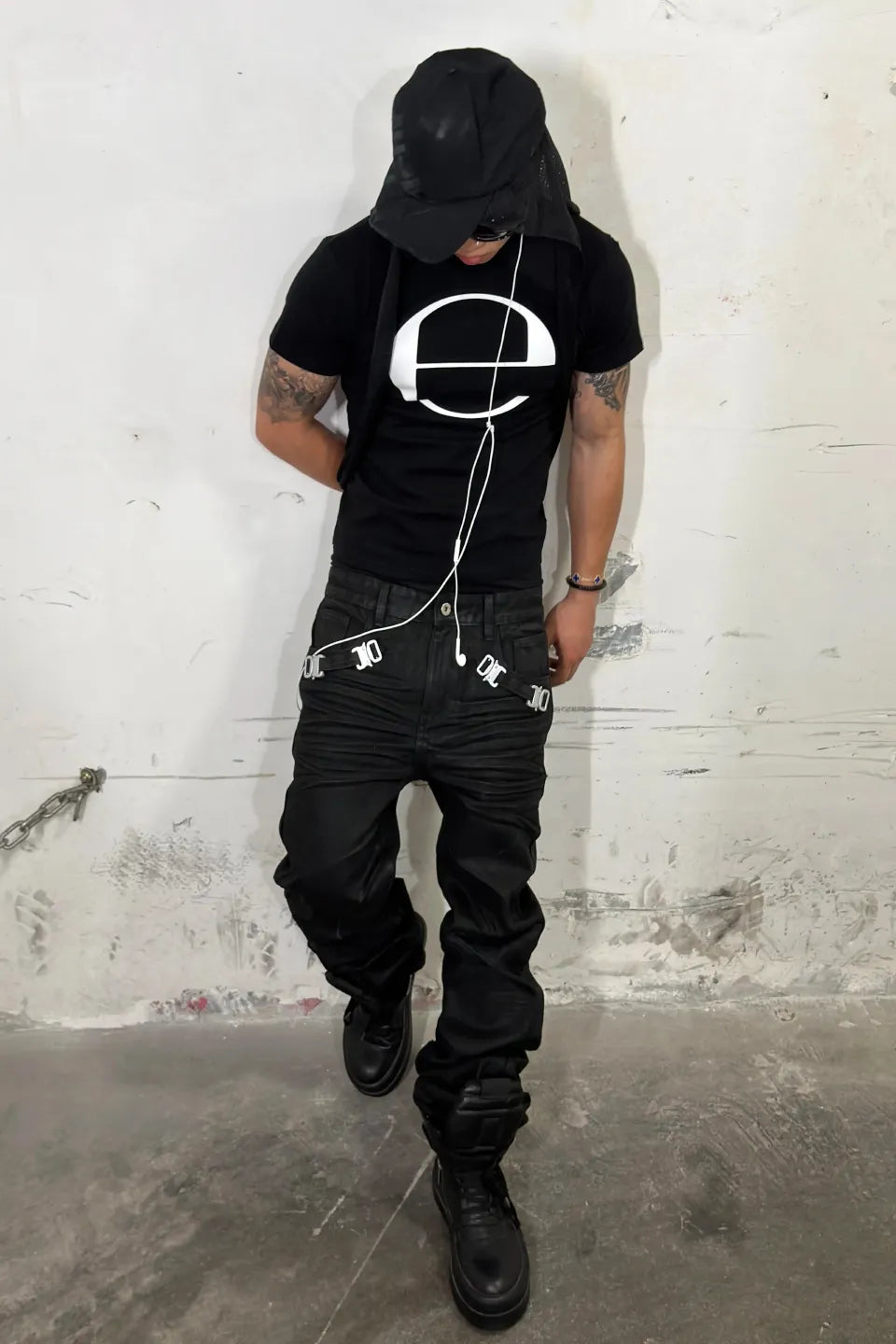 Metal Buckle Waxed Skinny Jeans