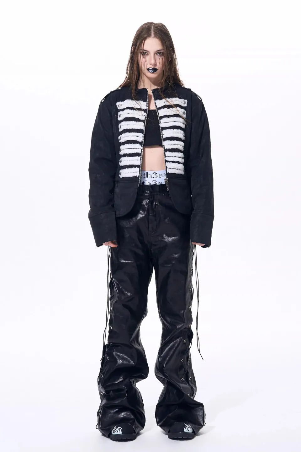 Metallic Coated Lace Up Waxed Micro Flare Jeans