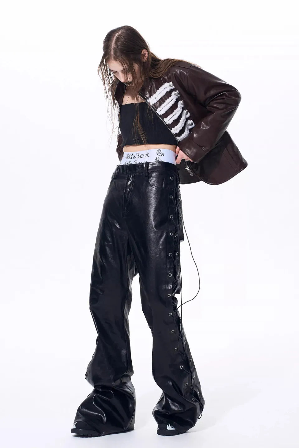 Metallic Coated Lace Up Waxed Micro Flare Jeans