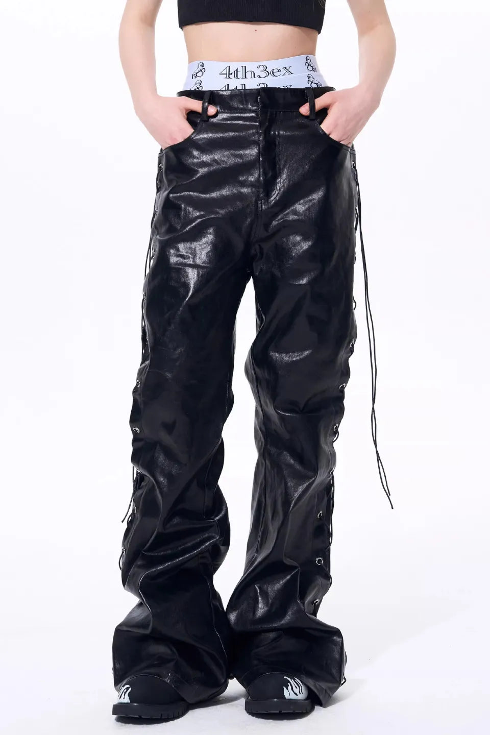 Metallic Coated Lace Up Waxed Micro Flare Jeans