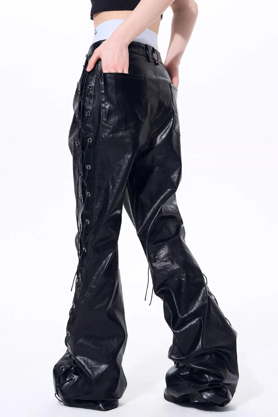 Metallic Coated Lace Up Waxed Micro Flare Jeans