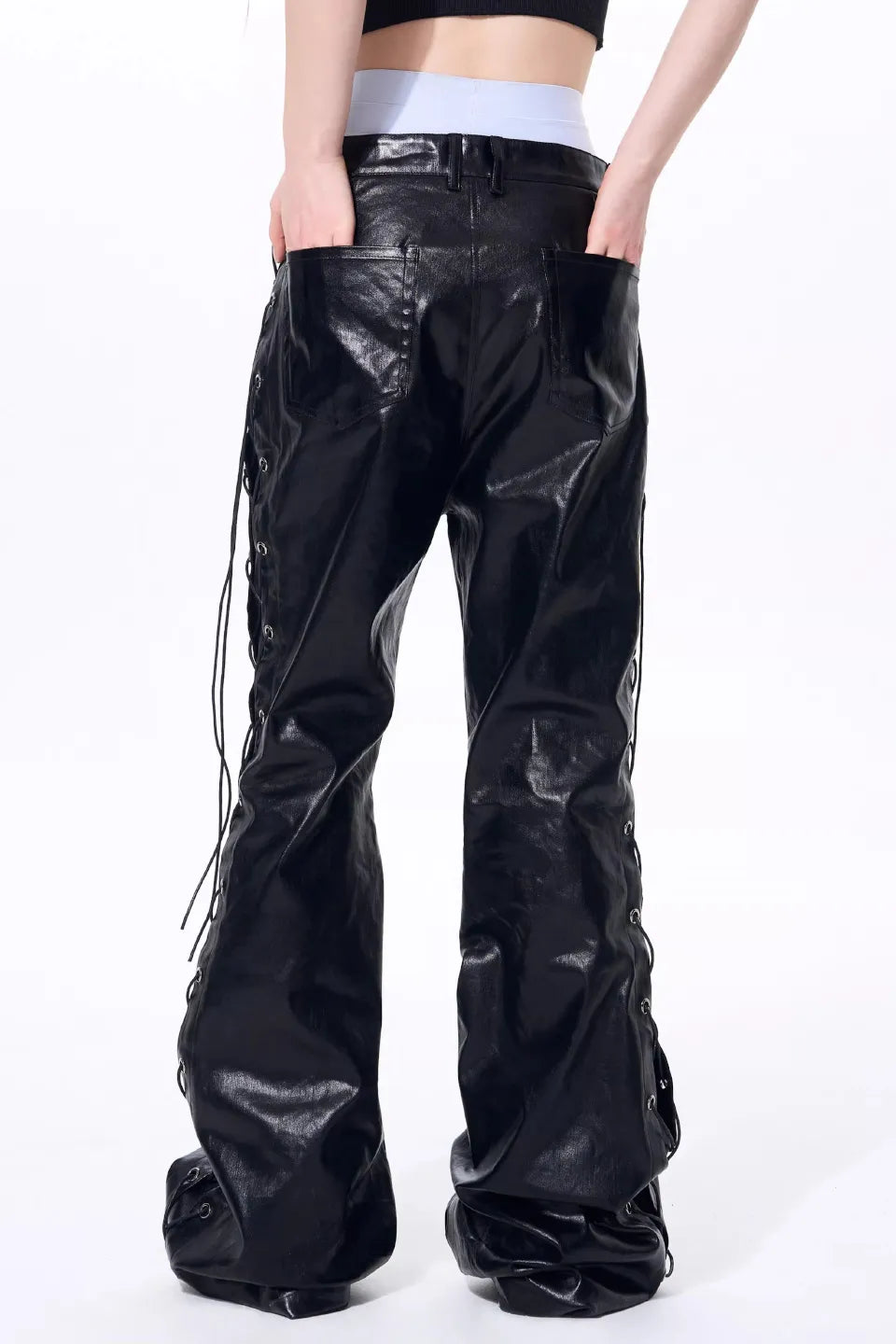 Metallic Coated Lace Up Waxed Micro Flare Jeans