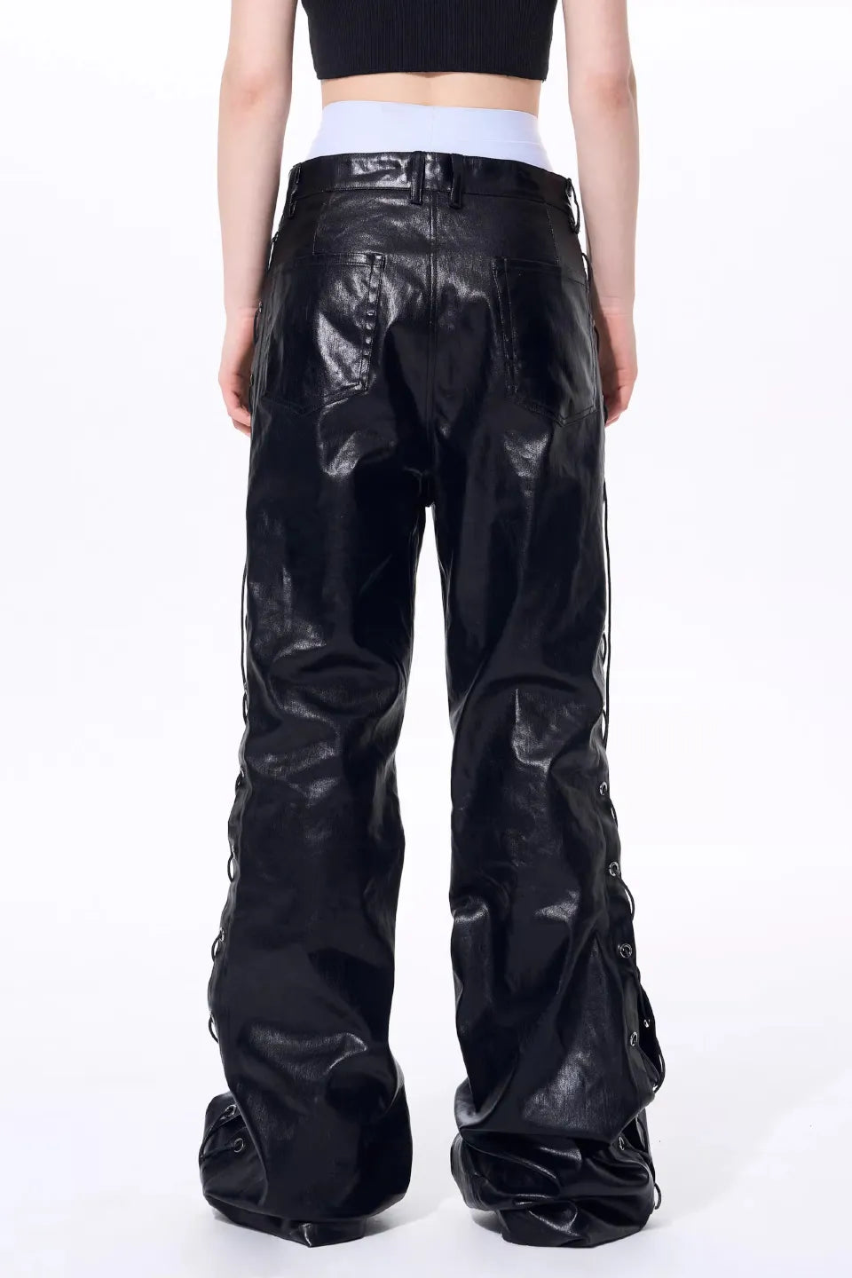 Metallic Coated Lace Up Waxed Micro Flare Jeans