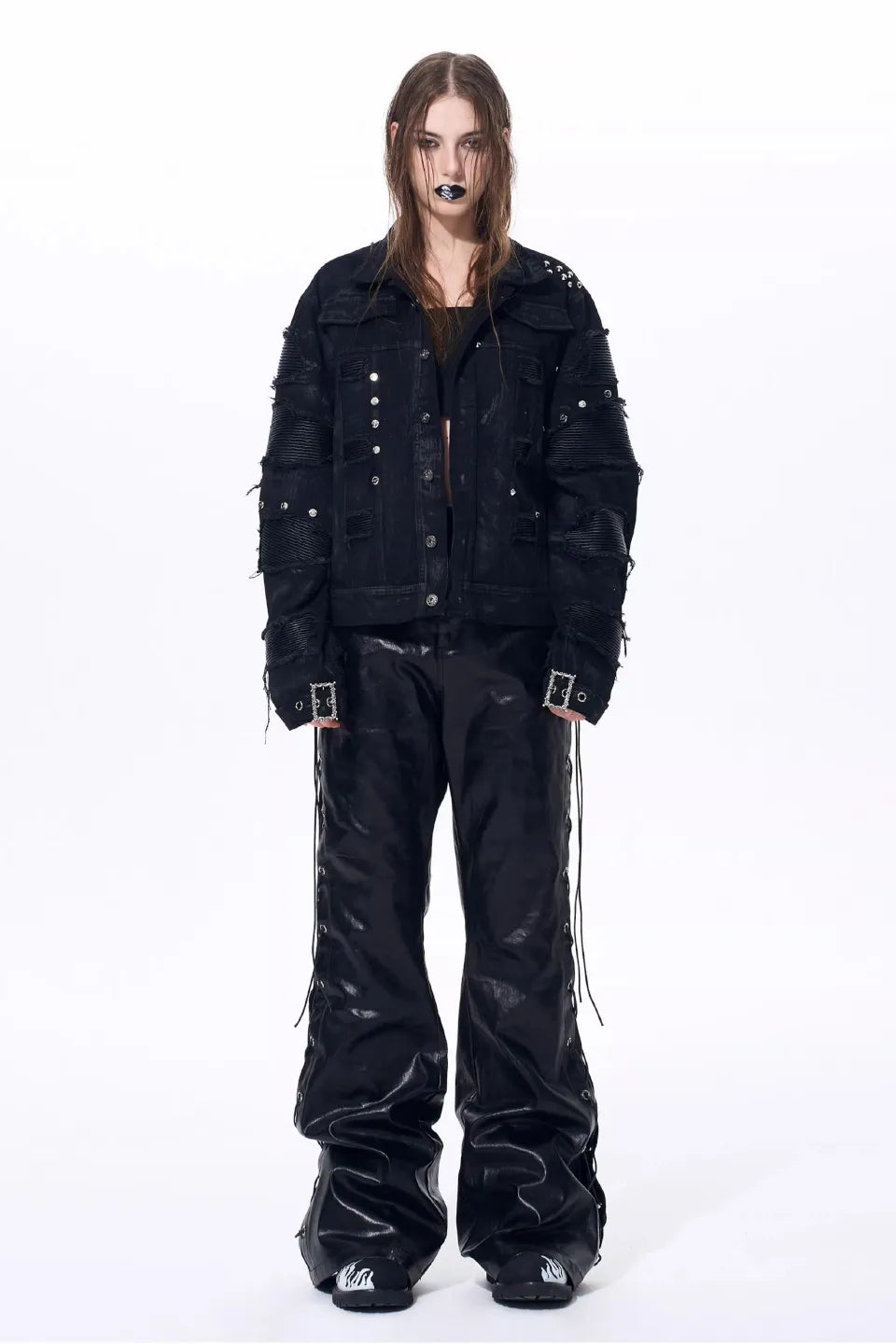 Metallic Coated Lace Up Waxed Micro Flare Jeans