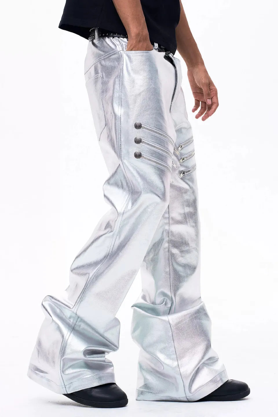 Metallic Silver Flared Trousers