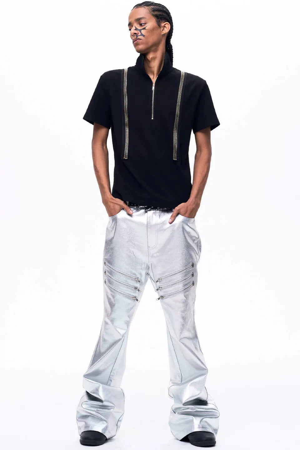 Metallic Silver Flared Trousers