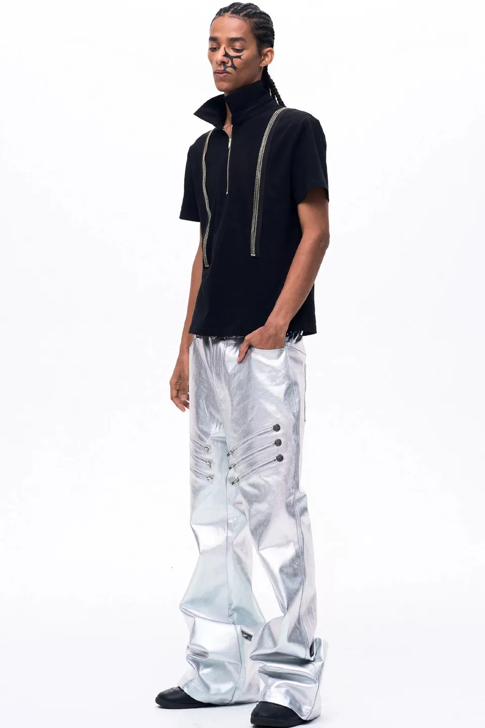Metallic Silver Flared Trousers