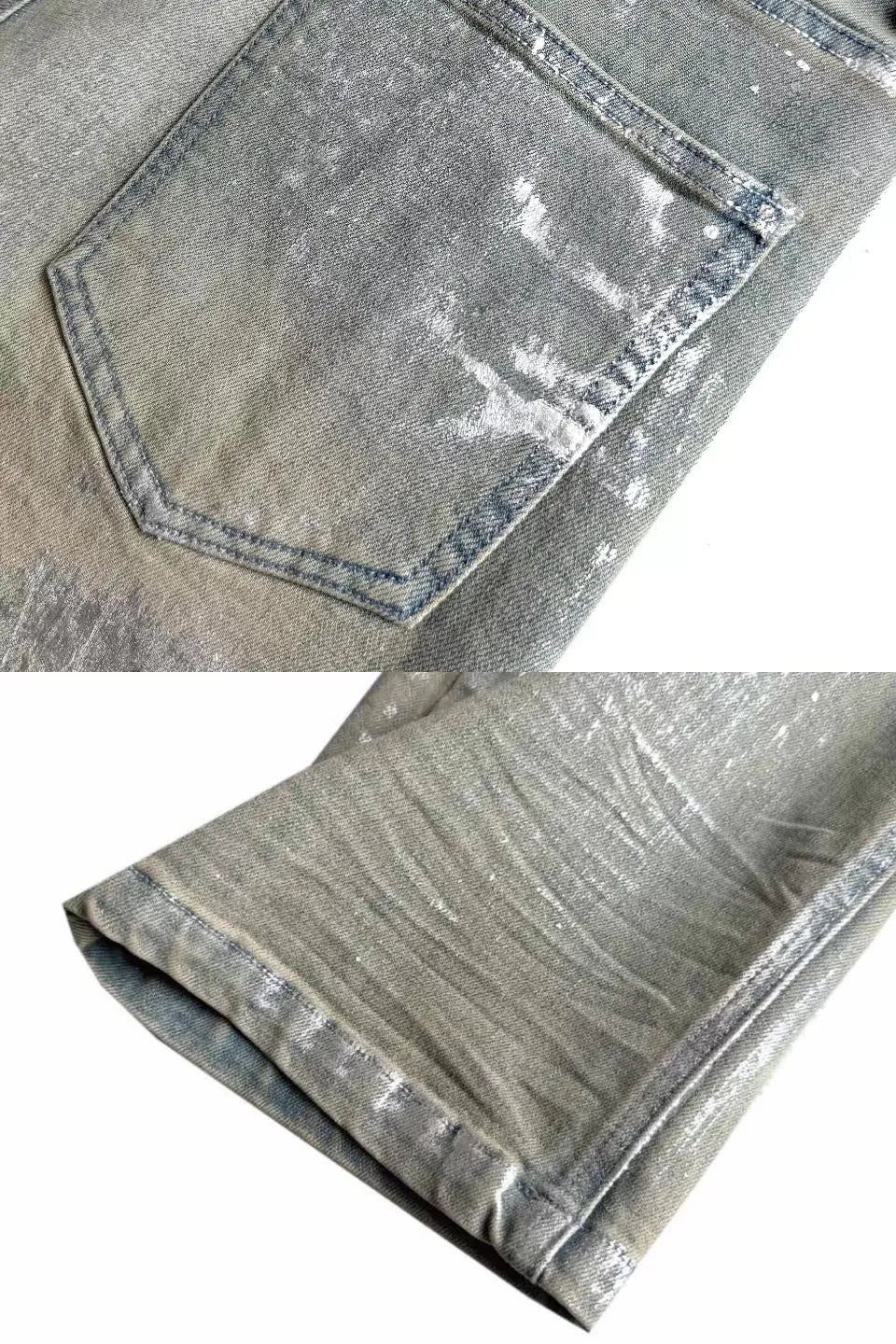 Metallic Foil Silver 3D Crinkled Straight Jeans