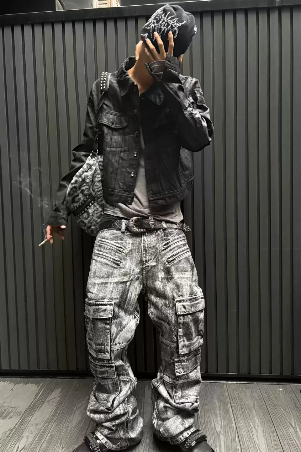 Metallic Silver 3D Banana Cut Cargo Jeans