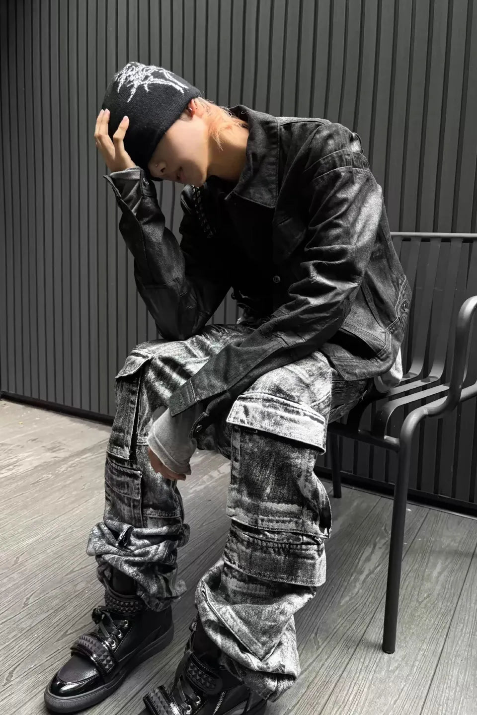 Metallic Silver 3D Banana Cut Cargo Jeans