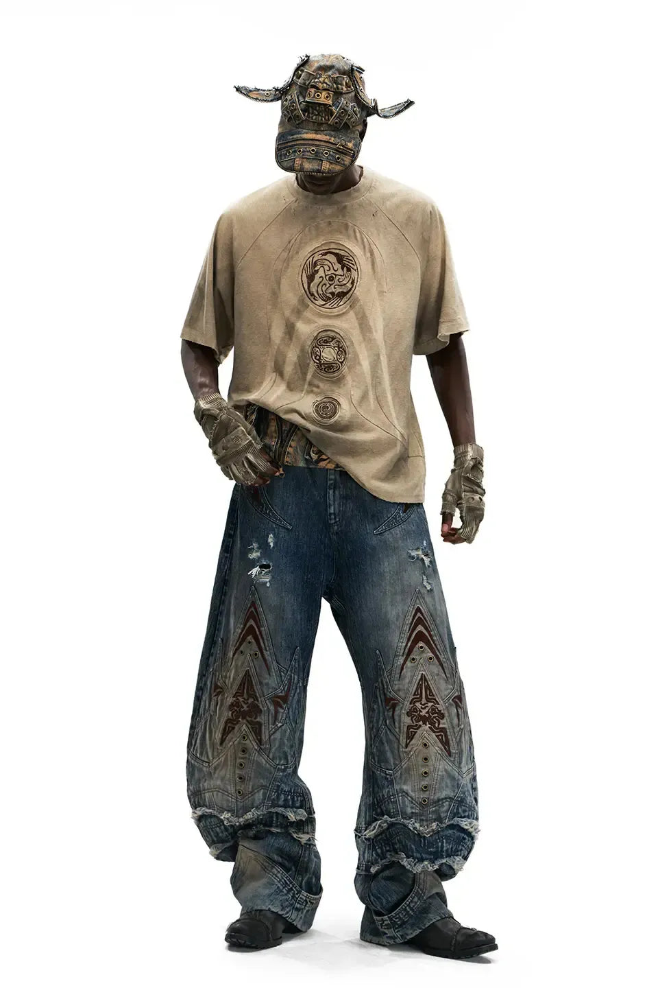 Mythical Beast Face Curved Denim Jeans