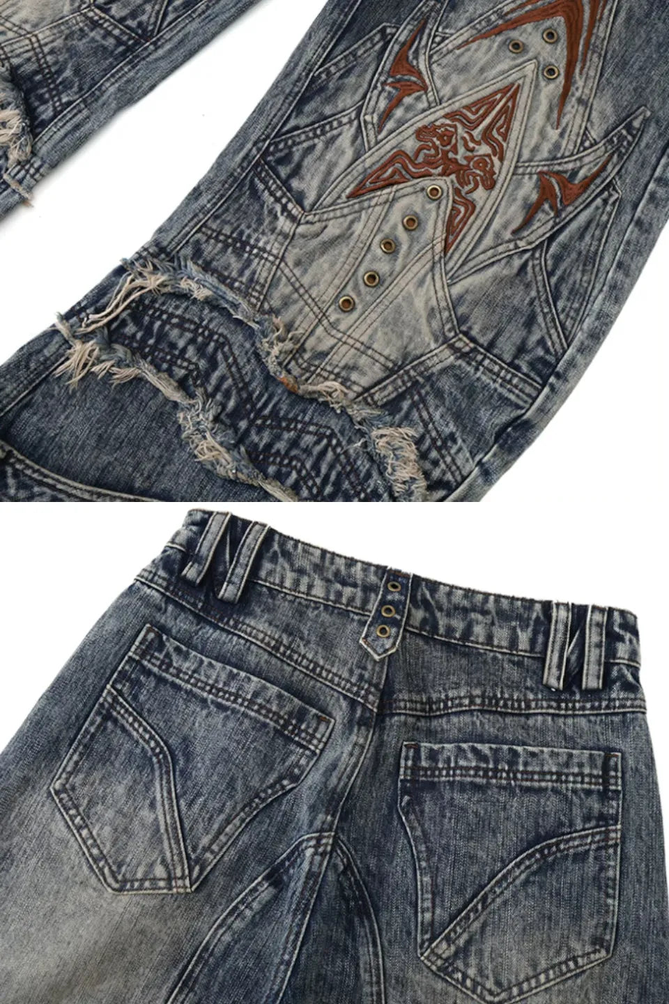 Mythical Beast Face Curved Denim Jeans