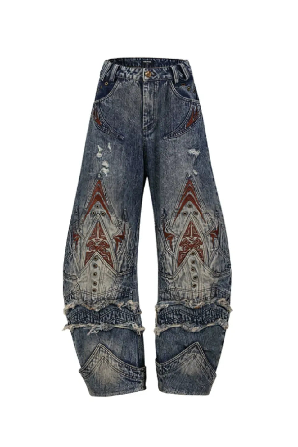 Mythical Beast Face Curved Denim Jeans