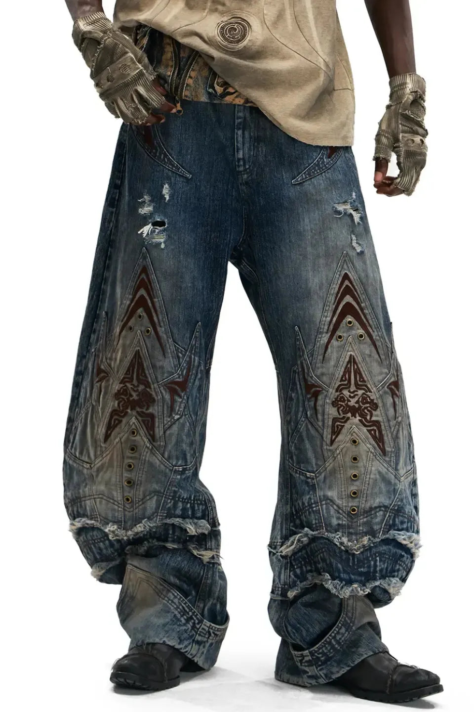 Mythical Beast Face Curved Denim Jeans