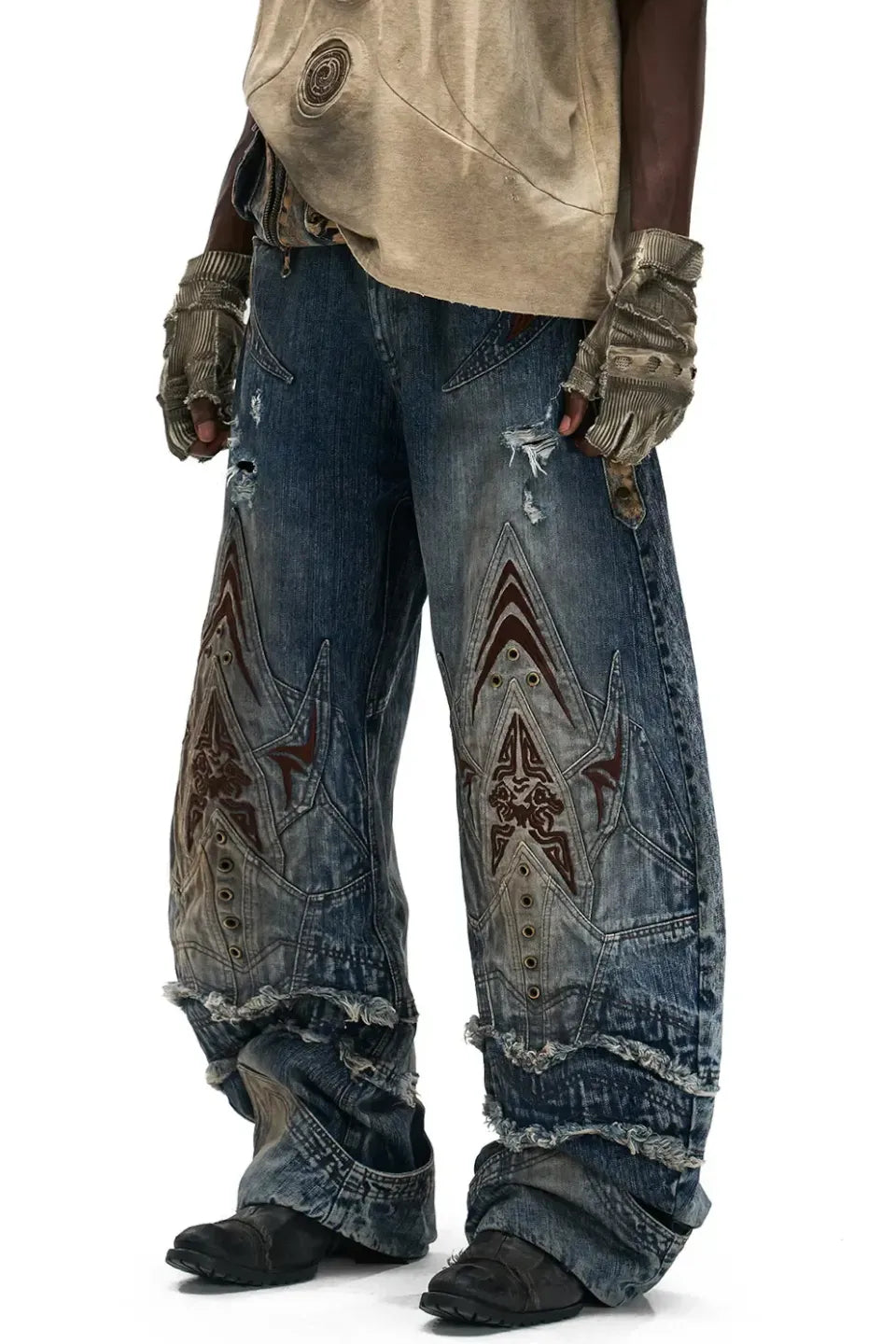 Mythical Beast Face Curved Denim Jeans