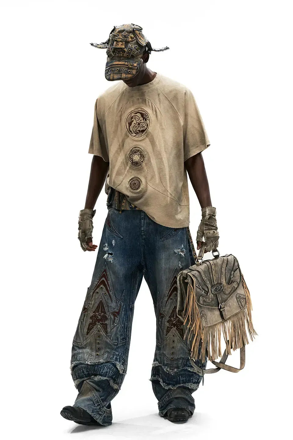 Mythical Beast Face Curved Denim Jeans