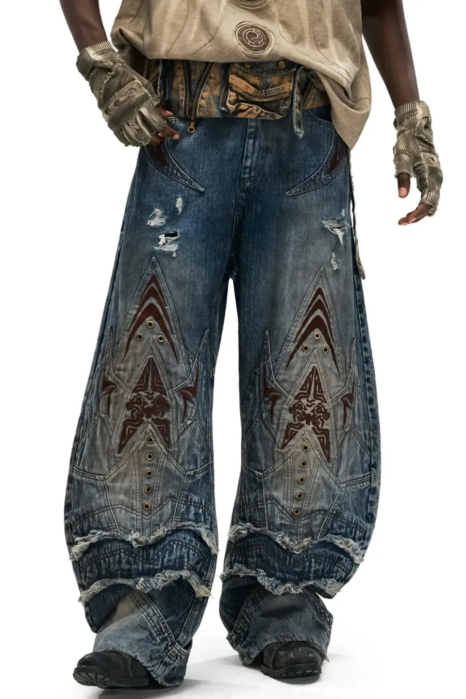 Mythical Beast Face Curved Denim Jeans