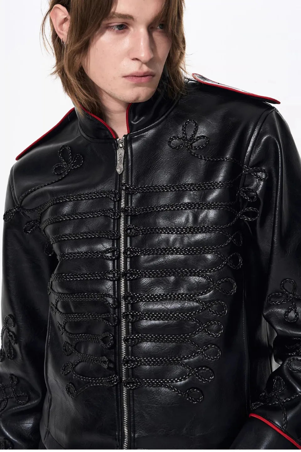 Napoleon Cording Embroidered PU Leather Jacket