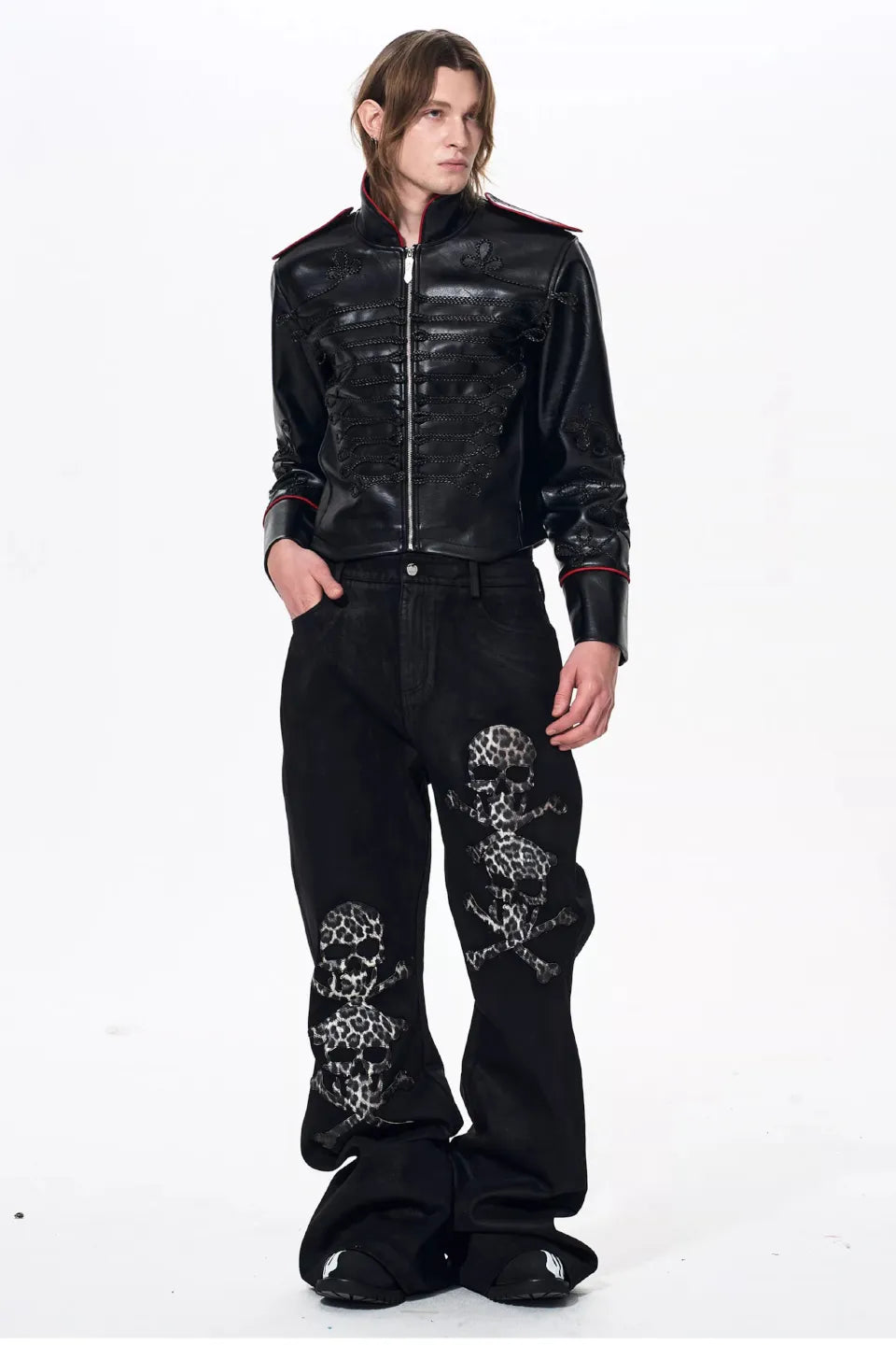 Napoleon Cording Embroidered PU Leather Jacket